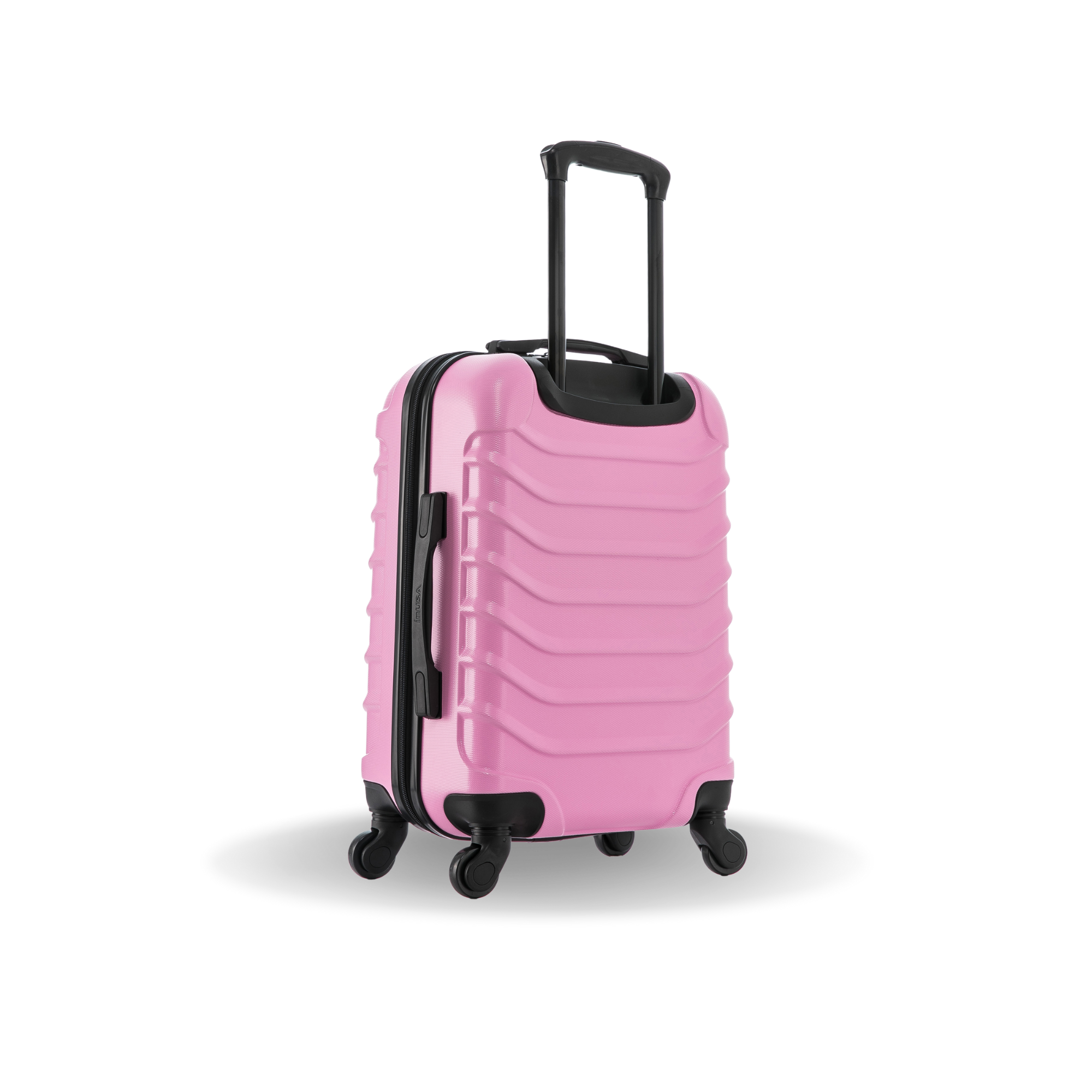 Pink suitcase with black wheels and handle on a white background