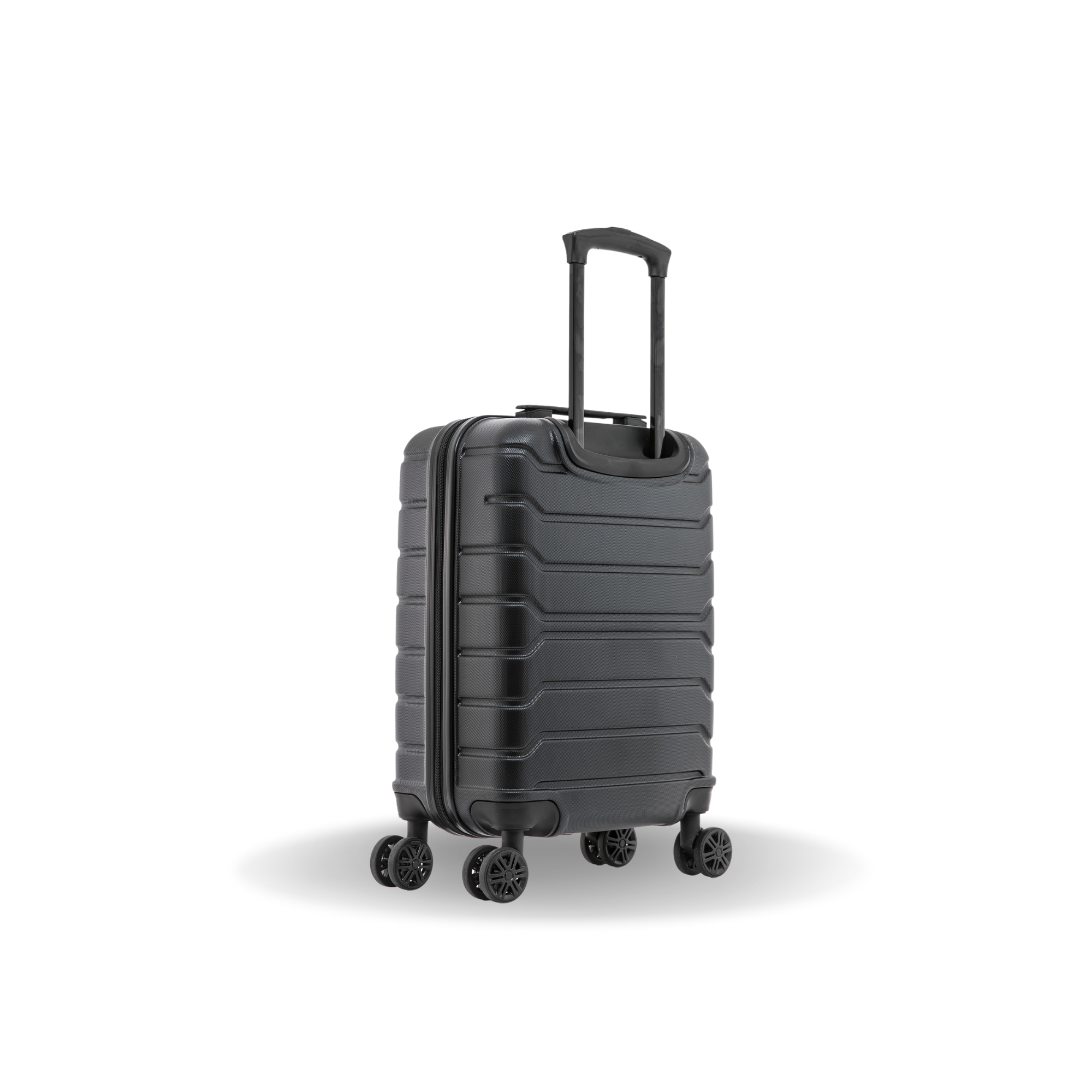Black suitcase with wheels on a white background
