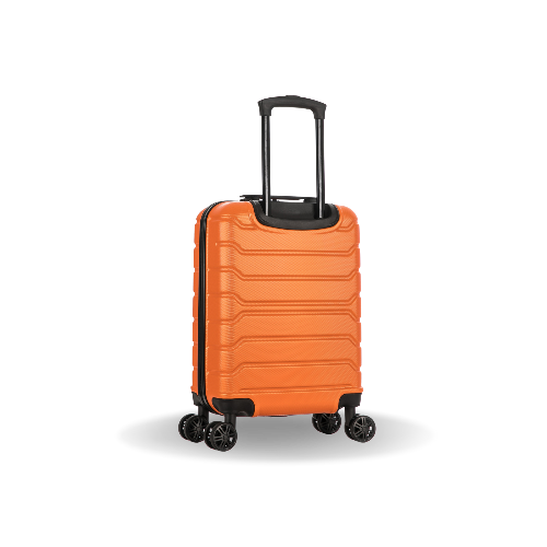 Orange suitcase with black handle and wheels on a white background