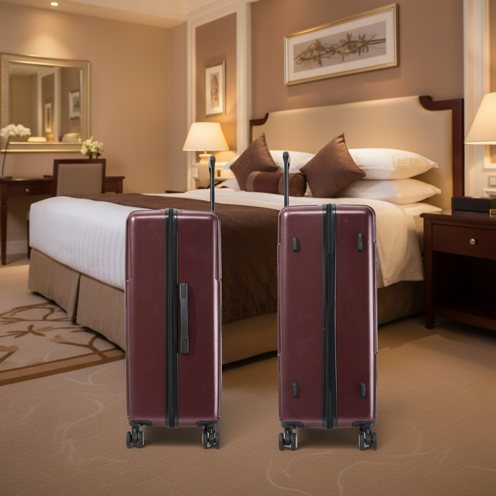Two maroon suitcases with black straps on a white background