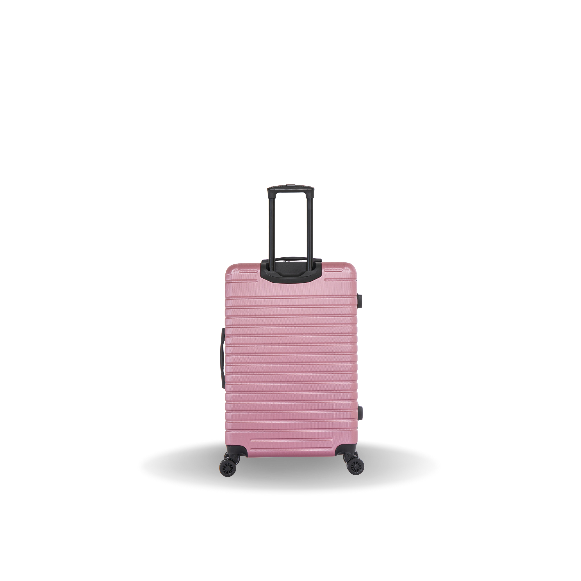 Pink suitcase with a black handle on a white background