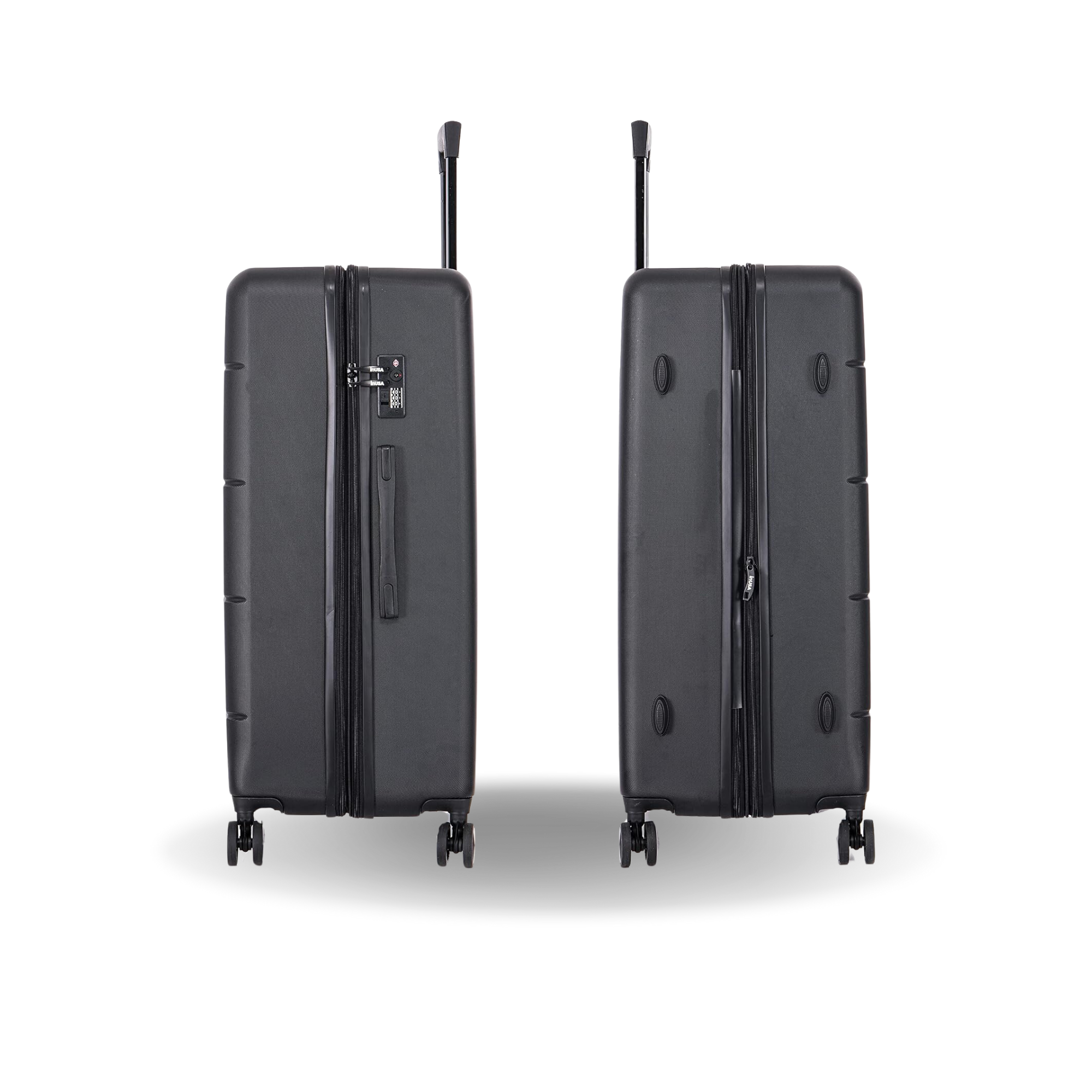Two black suitcases on a white background