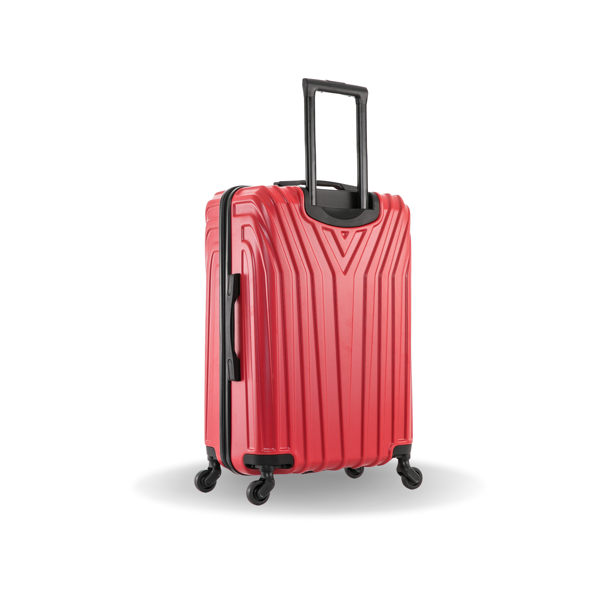 Red suitcase with black wheels and handle on a white background