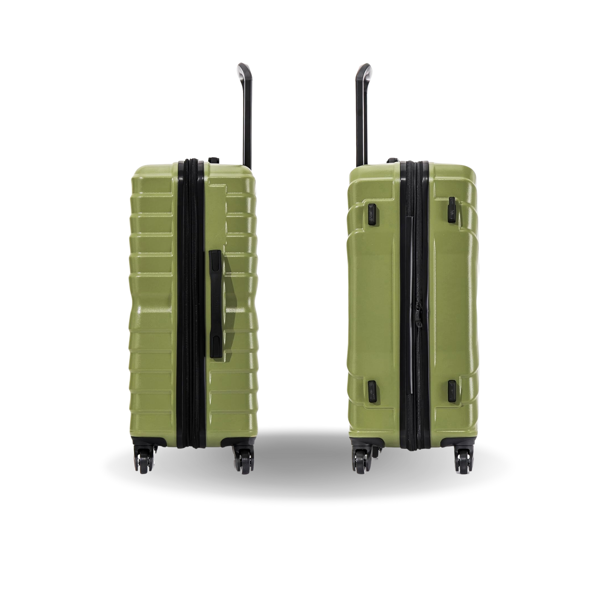 Two green suitcases with black handles and wheels on a white background