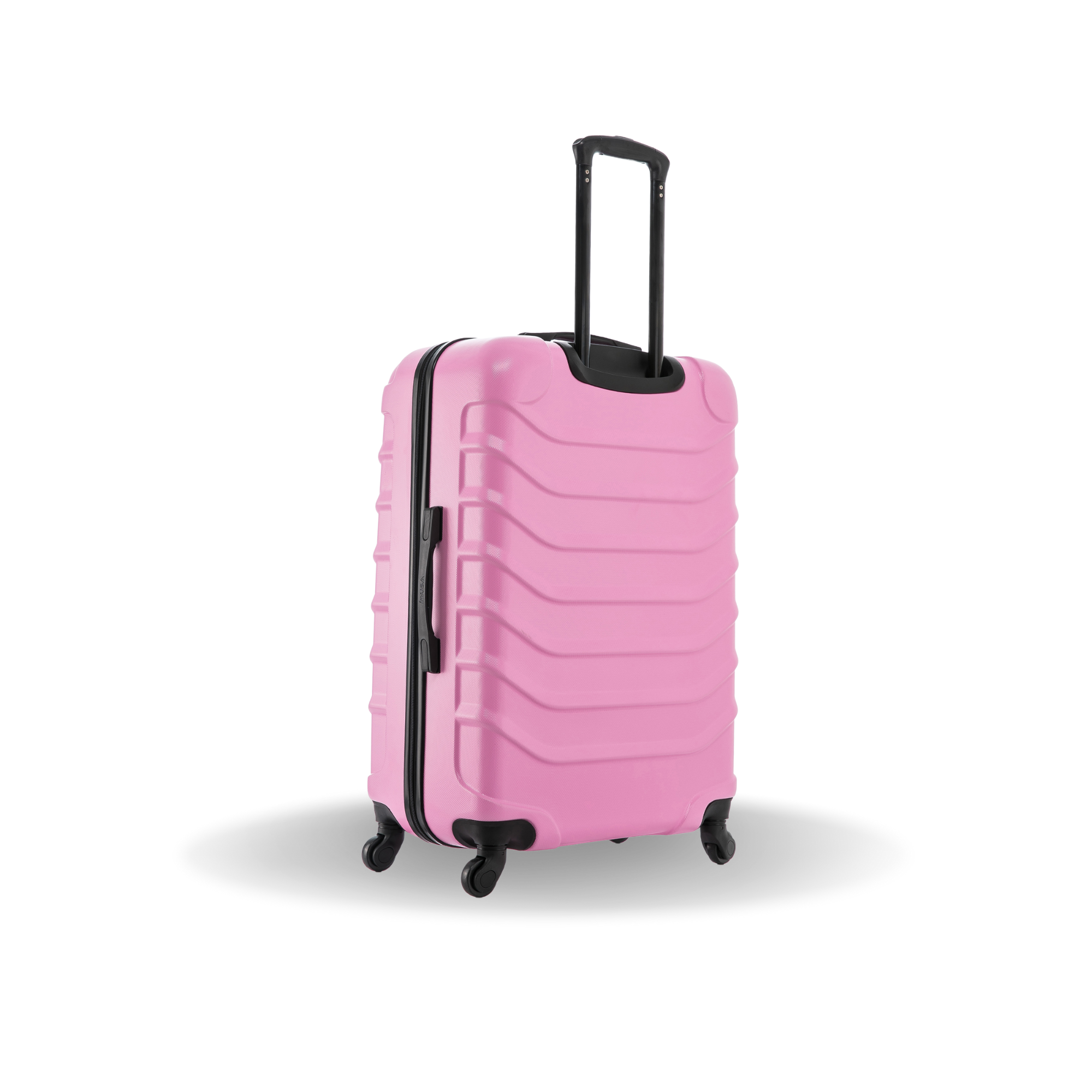 Pink suitcase with black handle and wheels on a white background