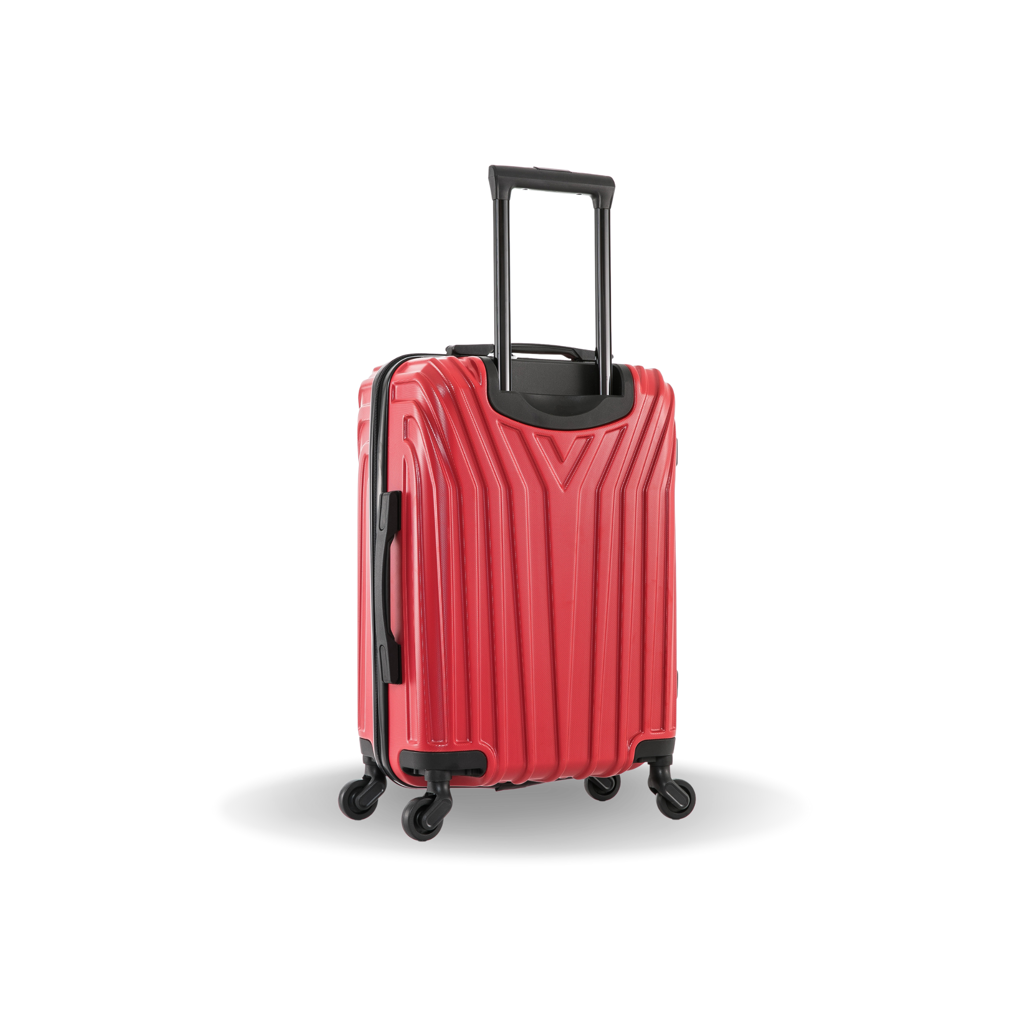 Red suitcase with black wheels and handle on a white background