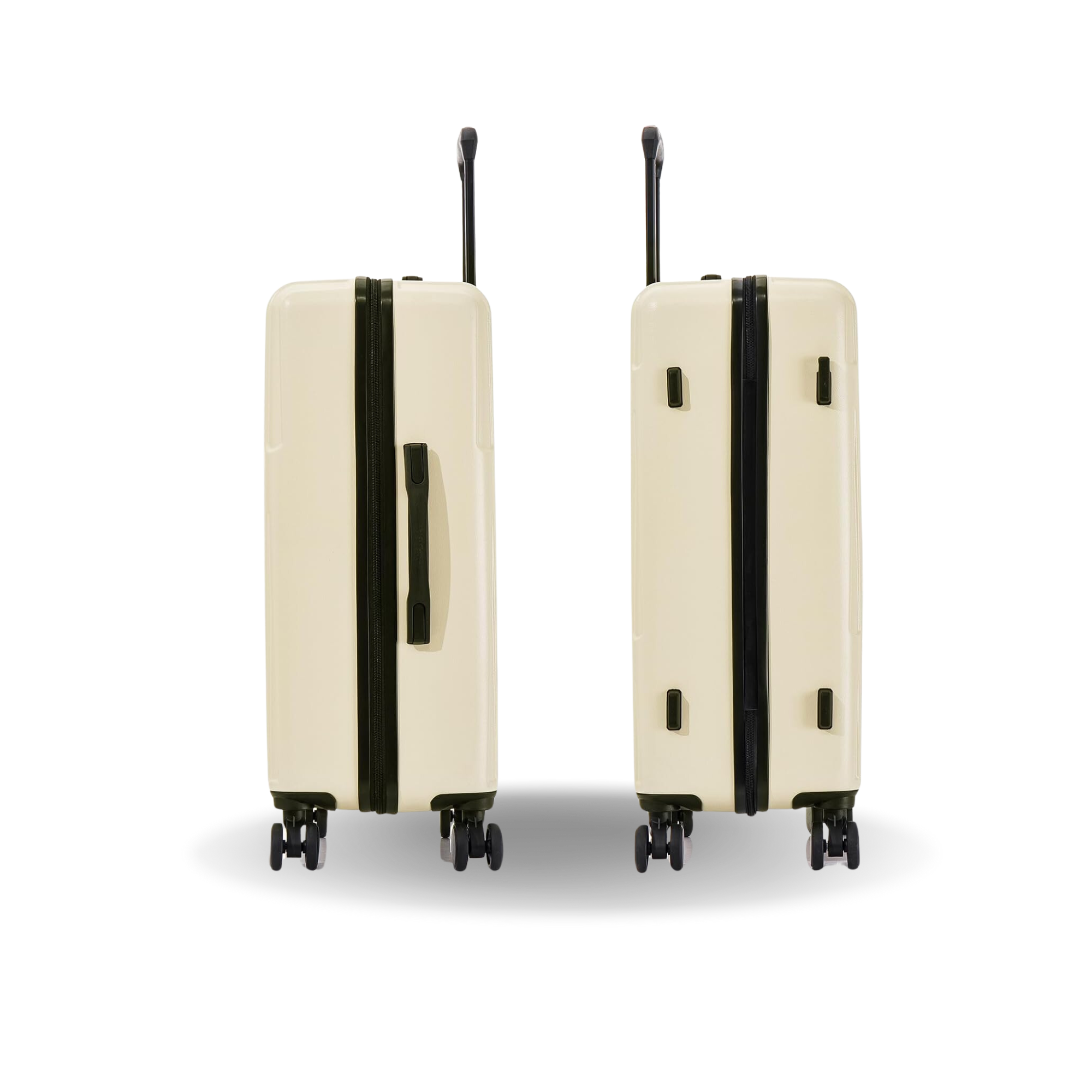 Two cream-colored suitcases with black handles and wheels on a white background