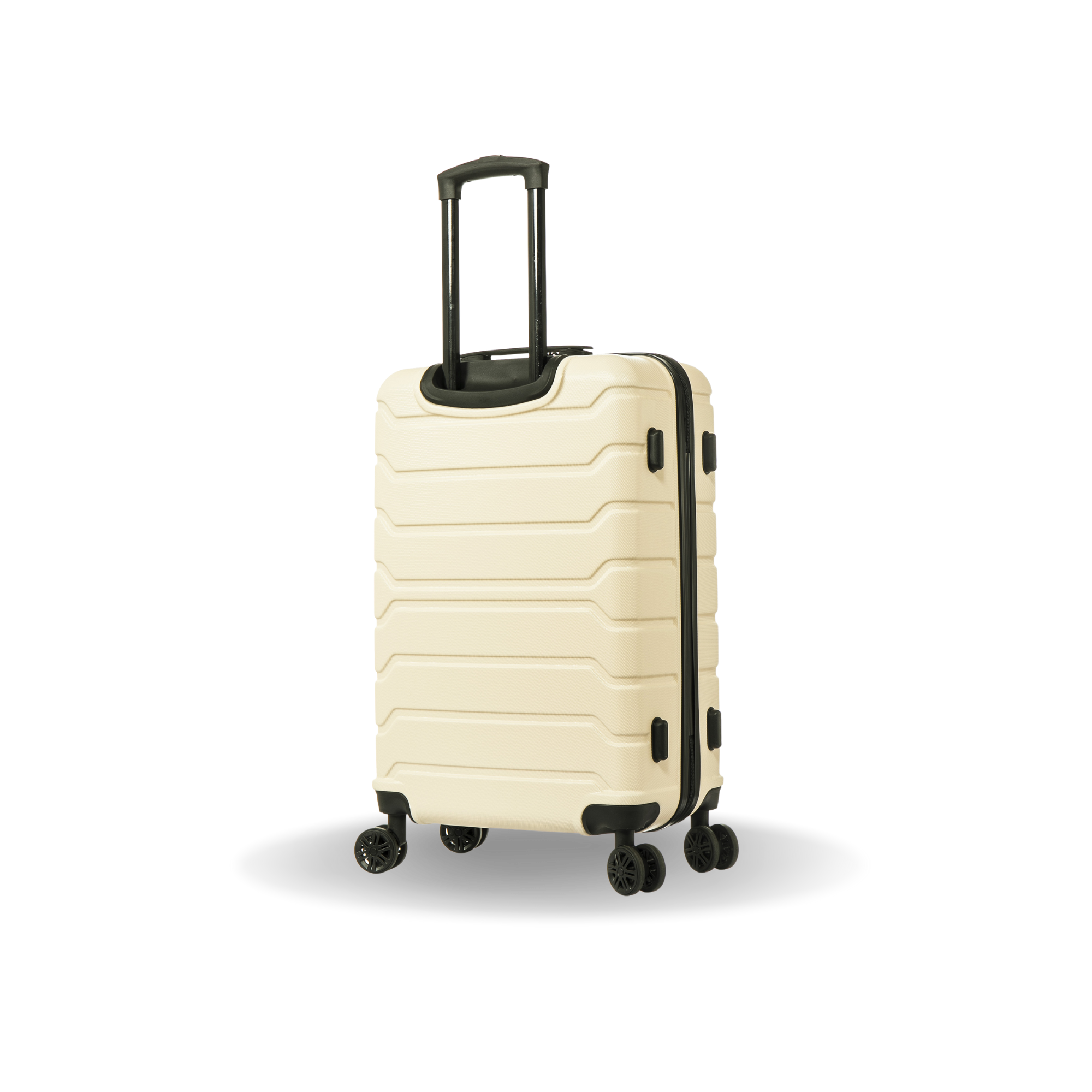 Beige suitcase with black wheels and handle on a white background