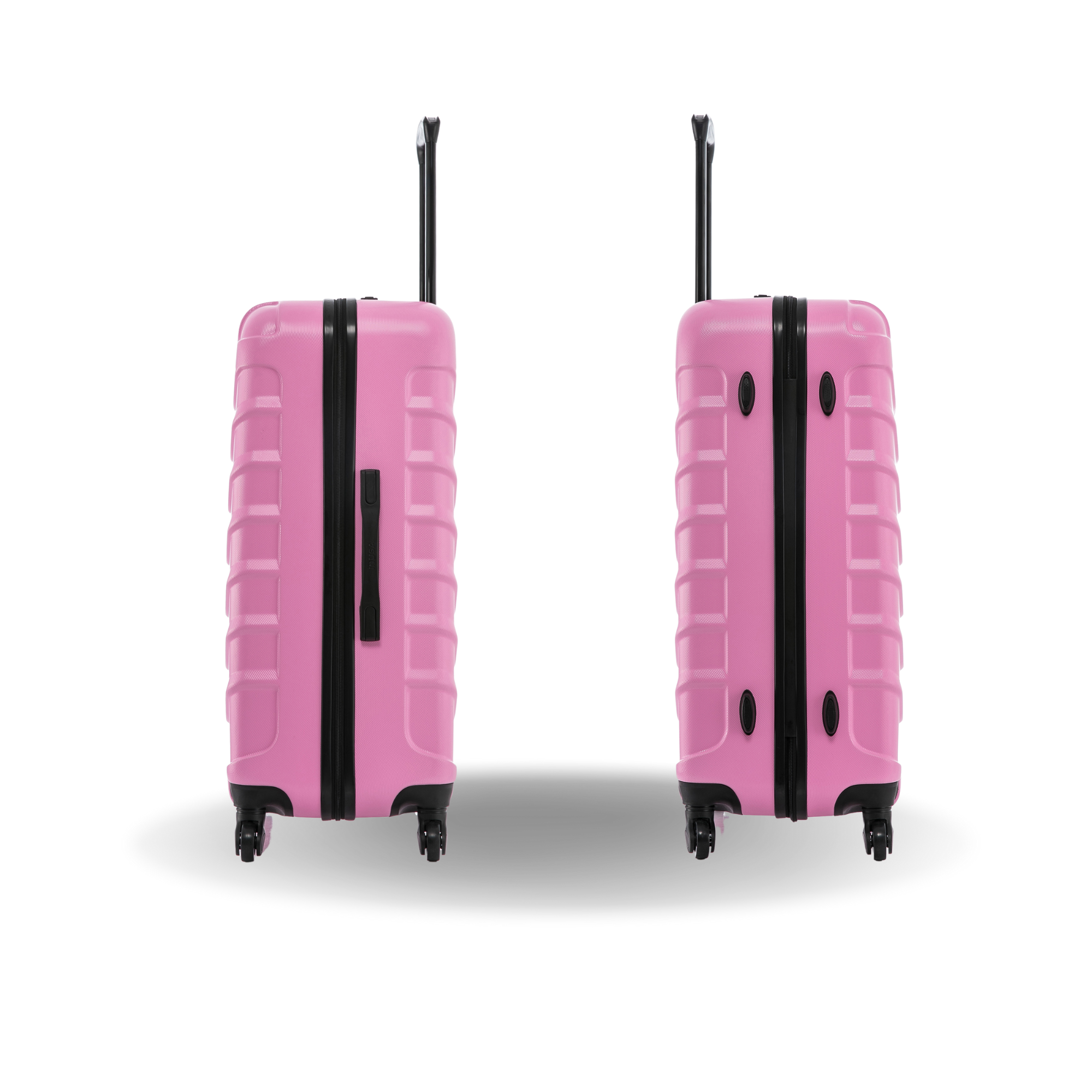 Two pink suitcases with black accents on a white background