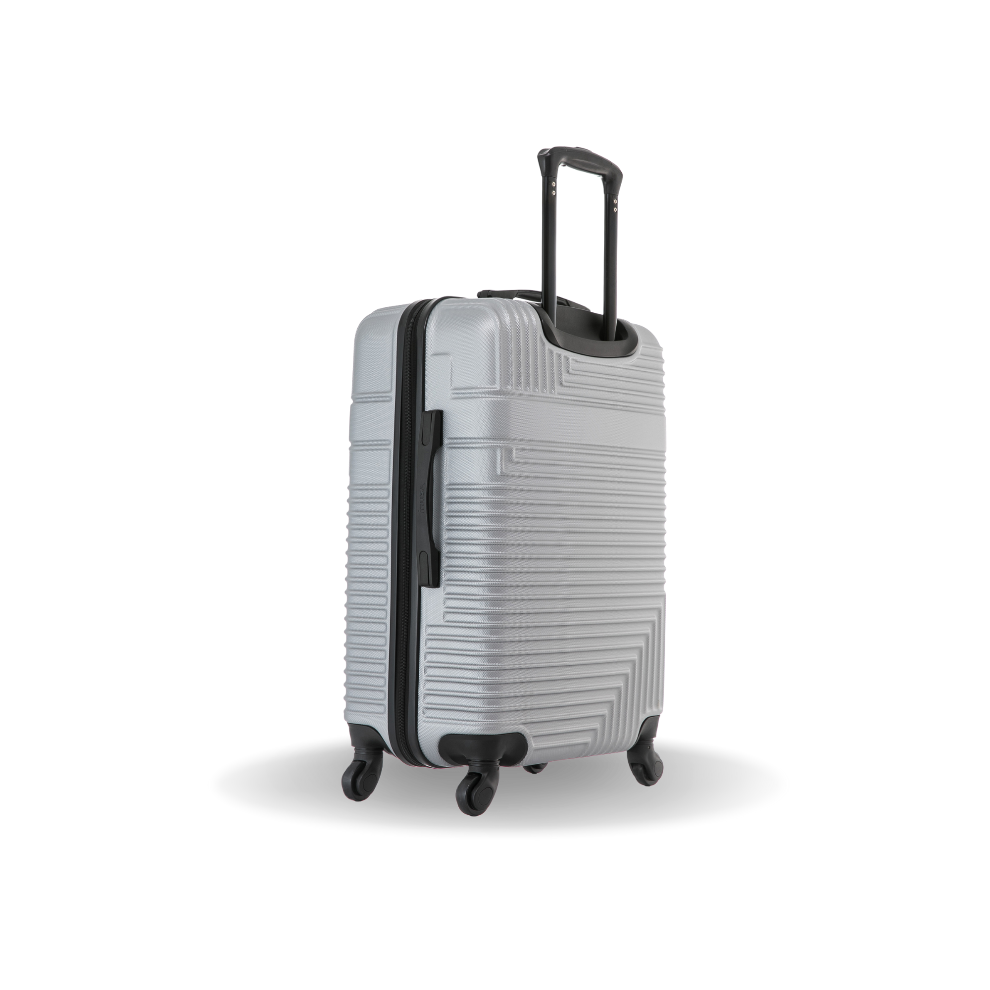 Silver suitcase with black handle and wheels on a white background