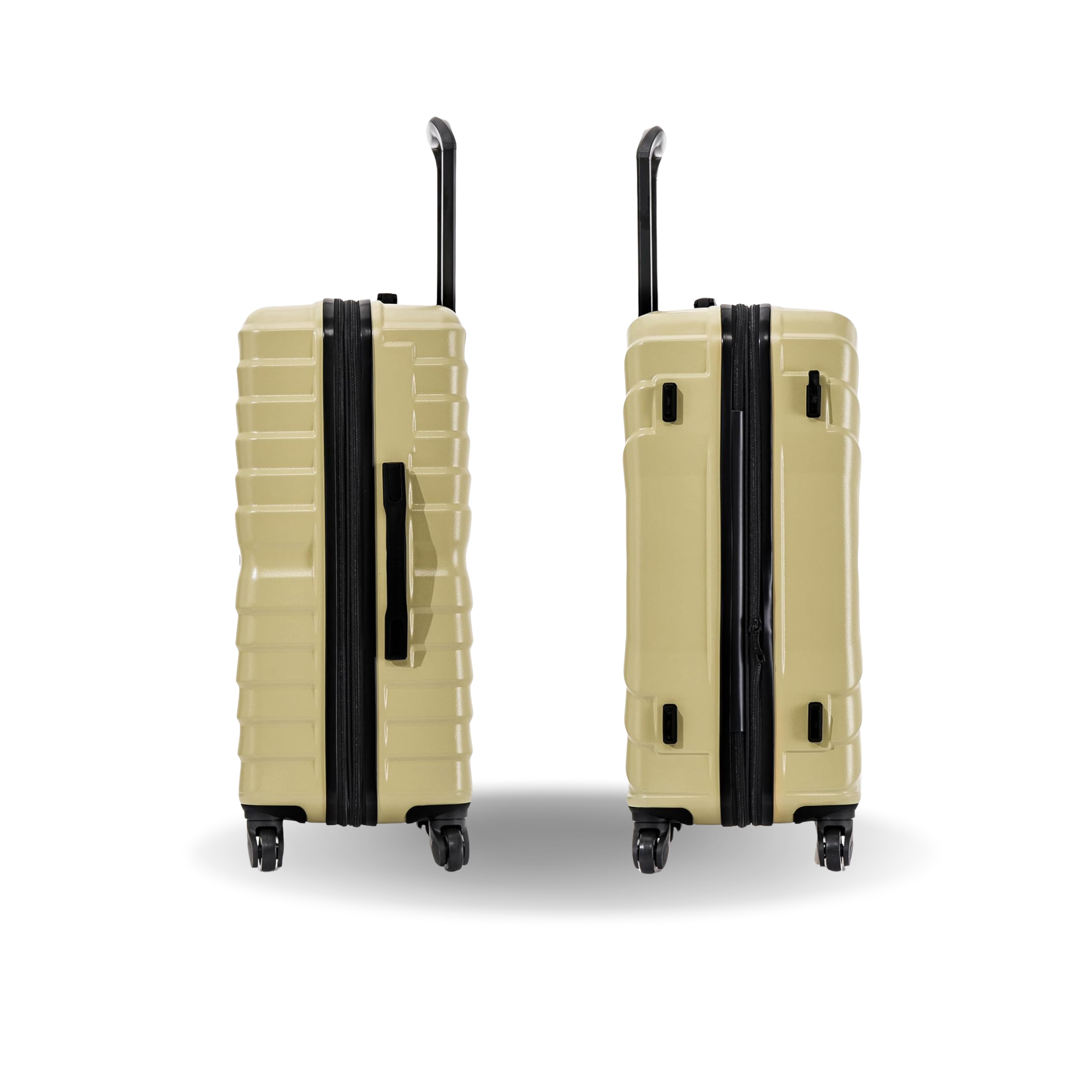 Two beige suitcases with black straps on a white background