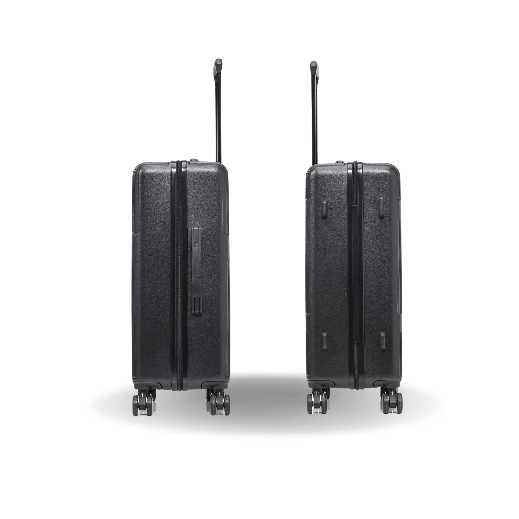 Two black suitcases with wheels on a white background