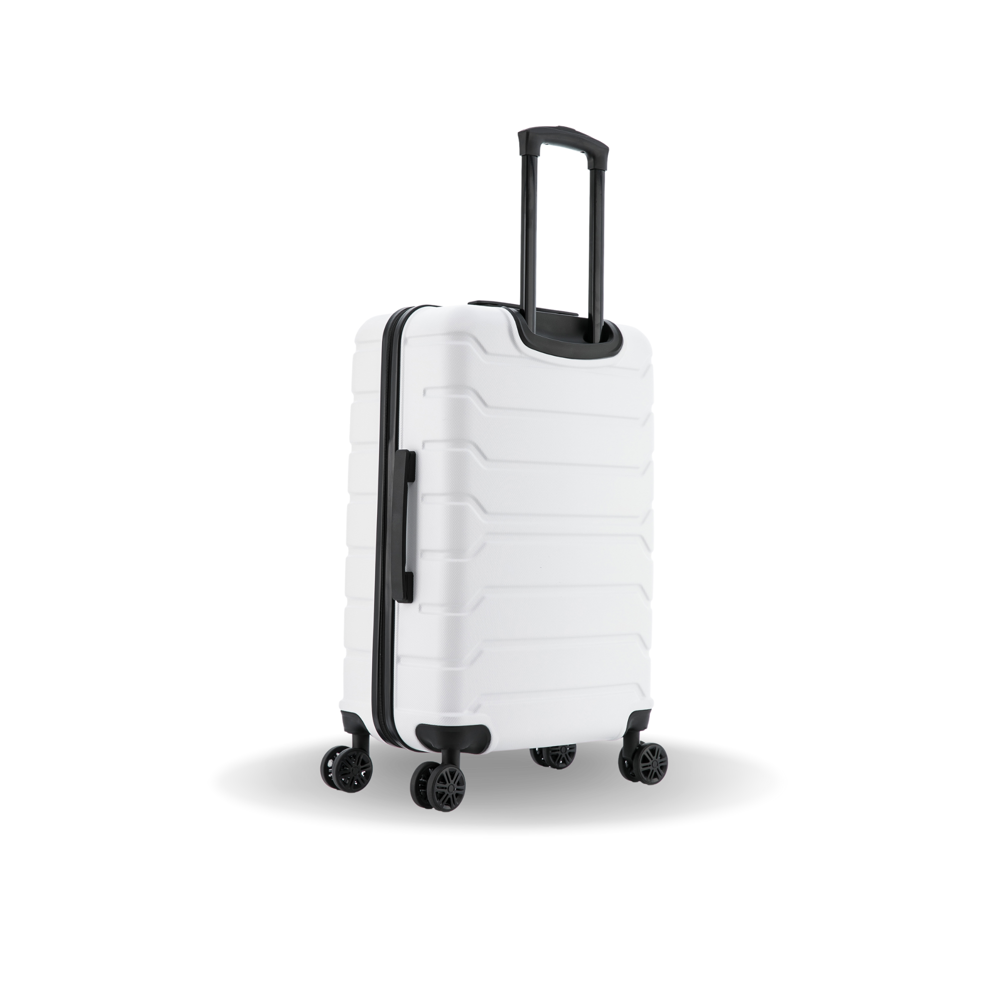 White suitcase with black accents on a white background