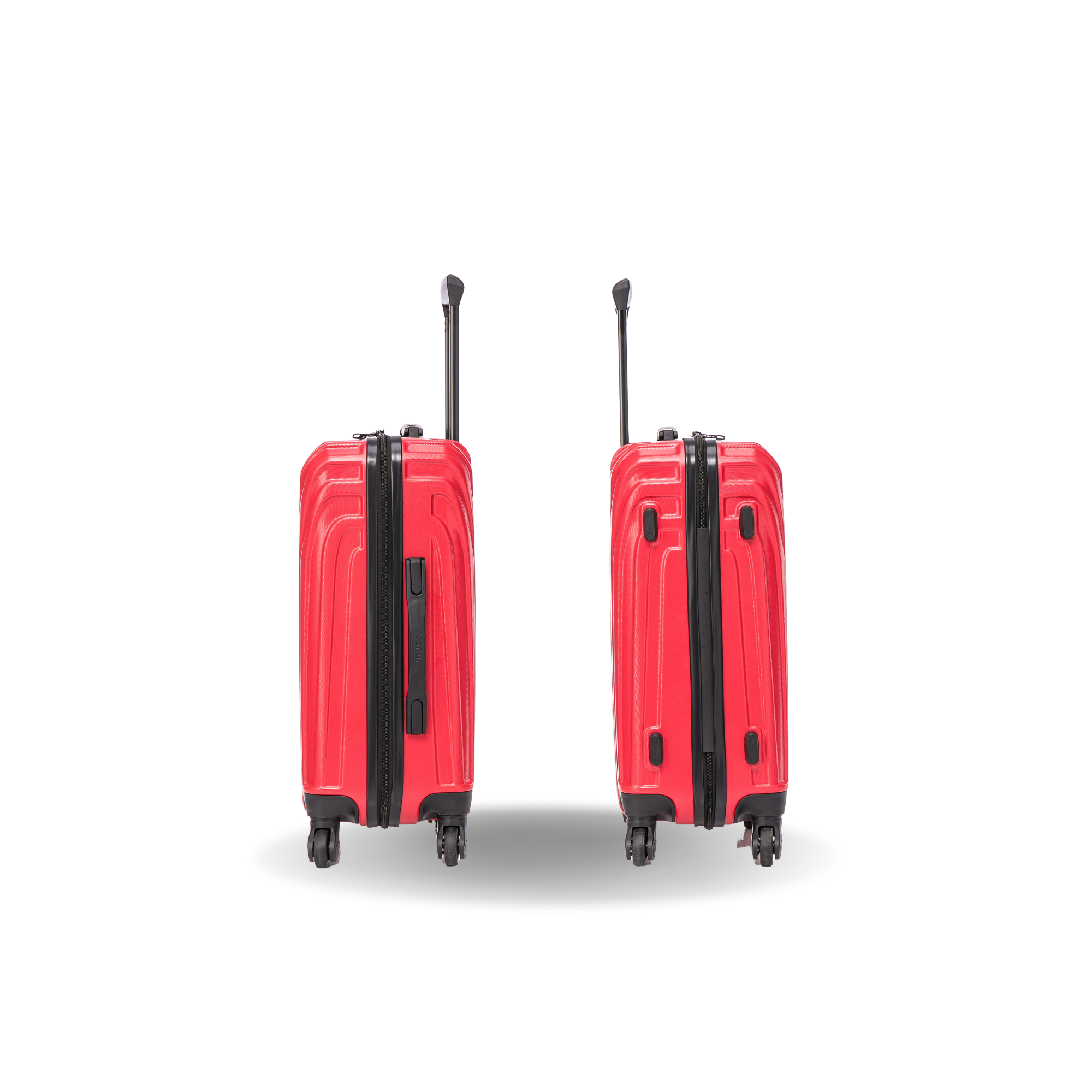 Two red suitcases with black handles and wheels on a white background