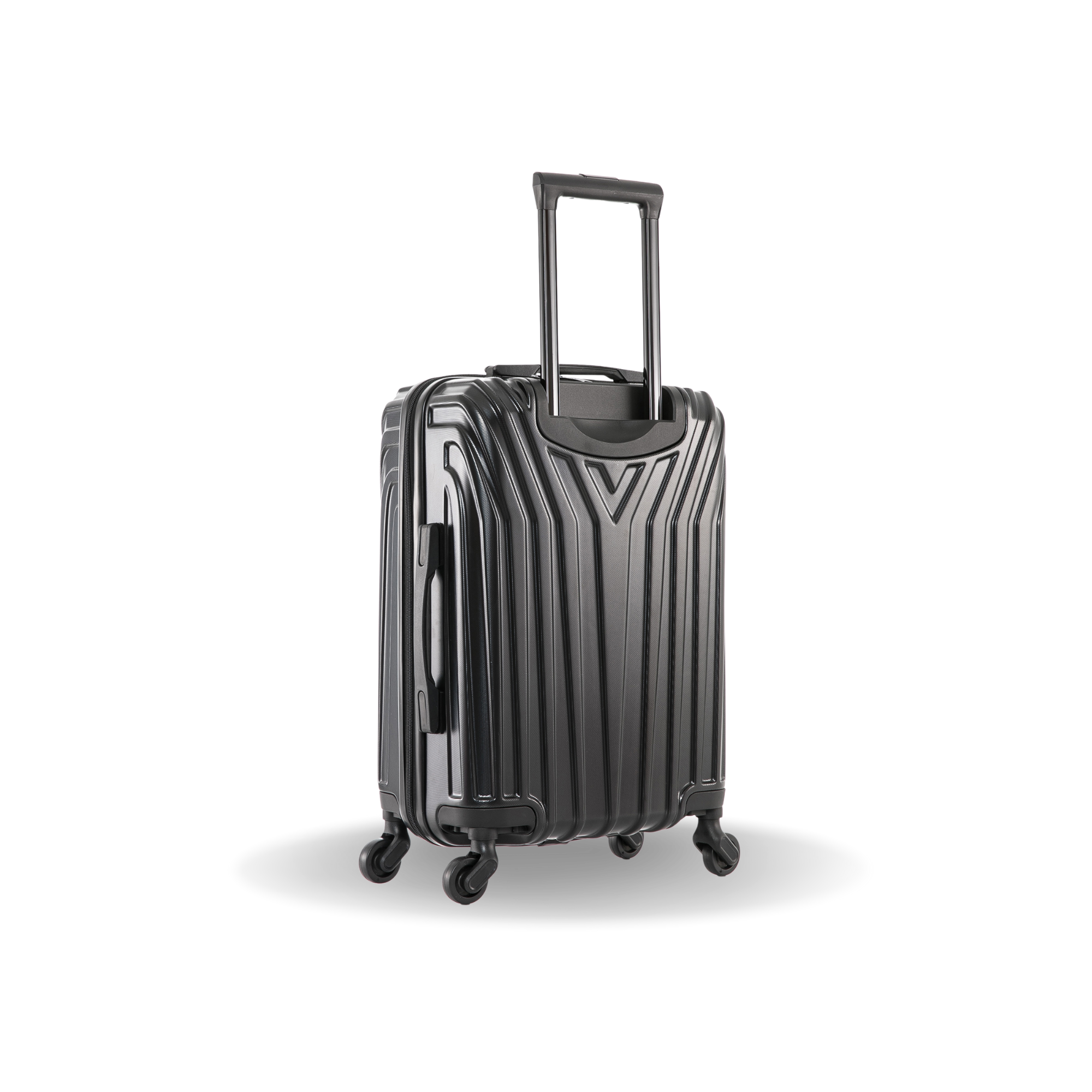 Black suitcase with wheels on a white background