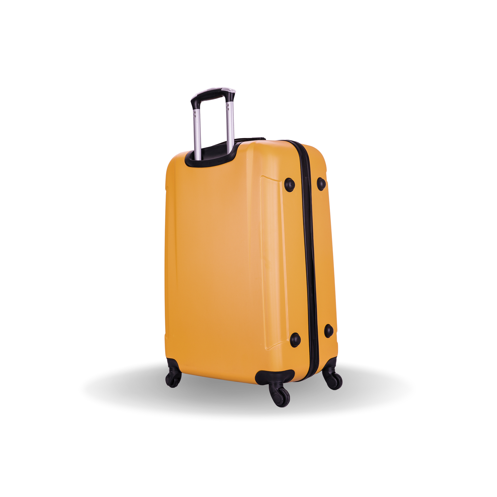 Yellow suitcase with black accents on a white background