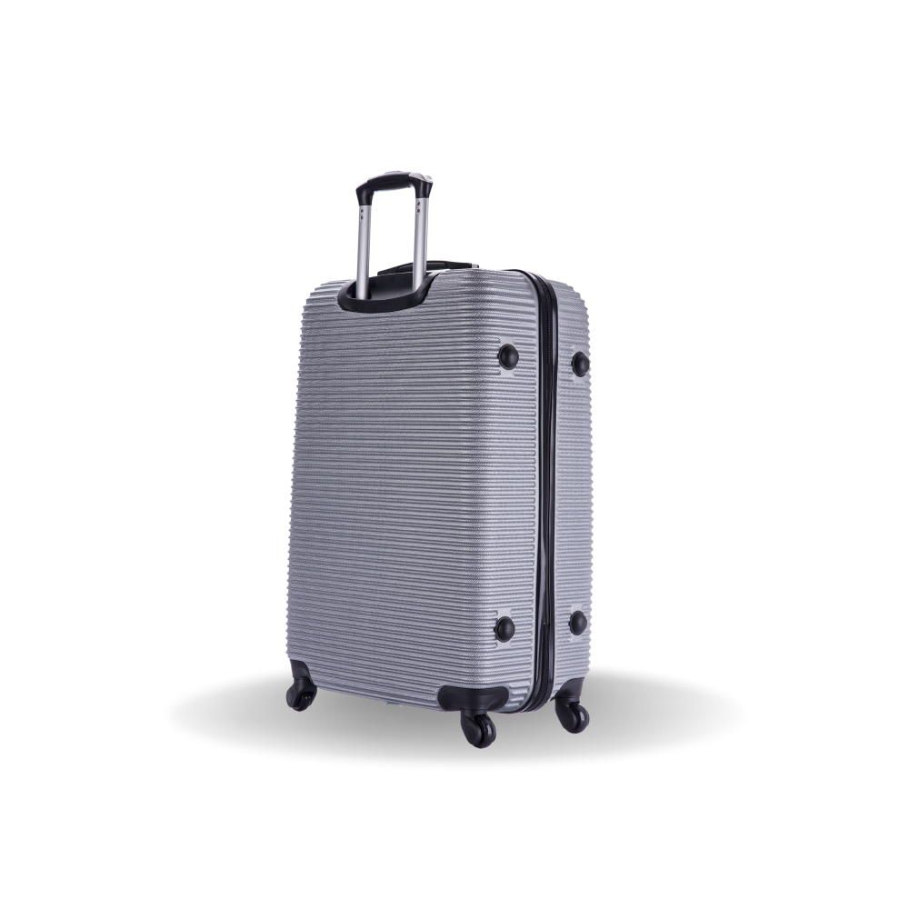 Gray suitcase with black accents on a white background
