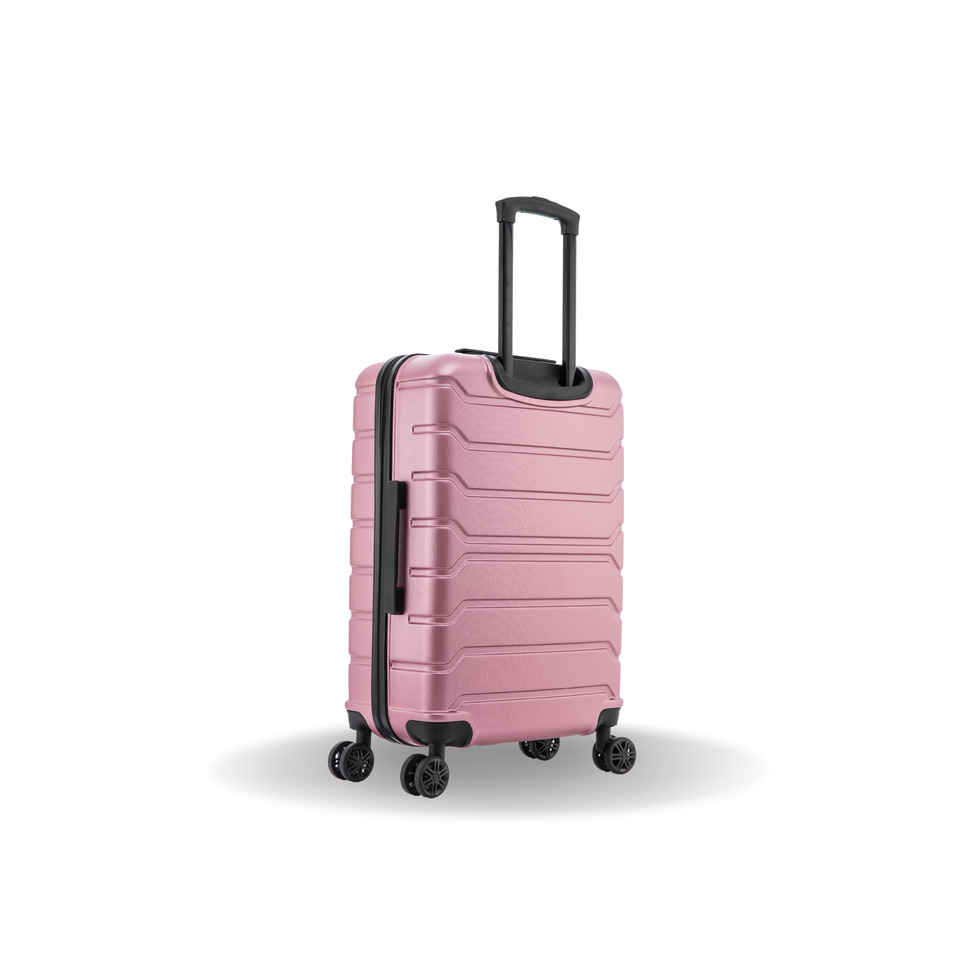 Pink suitcase with black handle and wheels on a white background