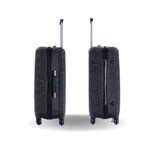 Two black suitcases with textured surface and visible wheels on a white background