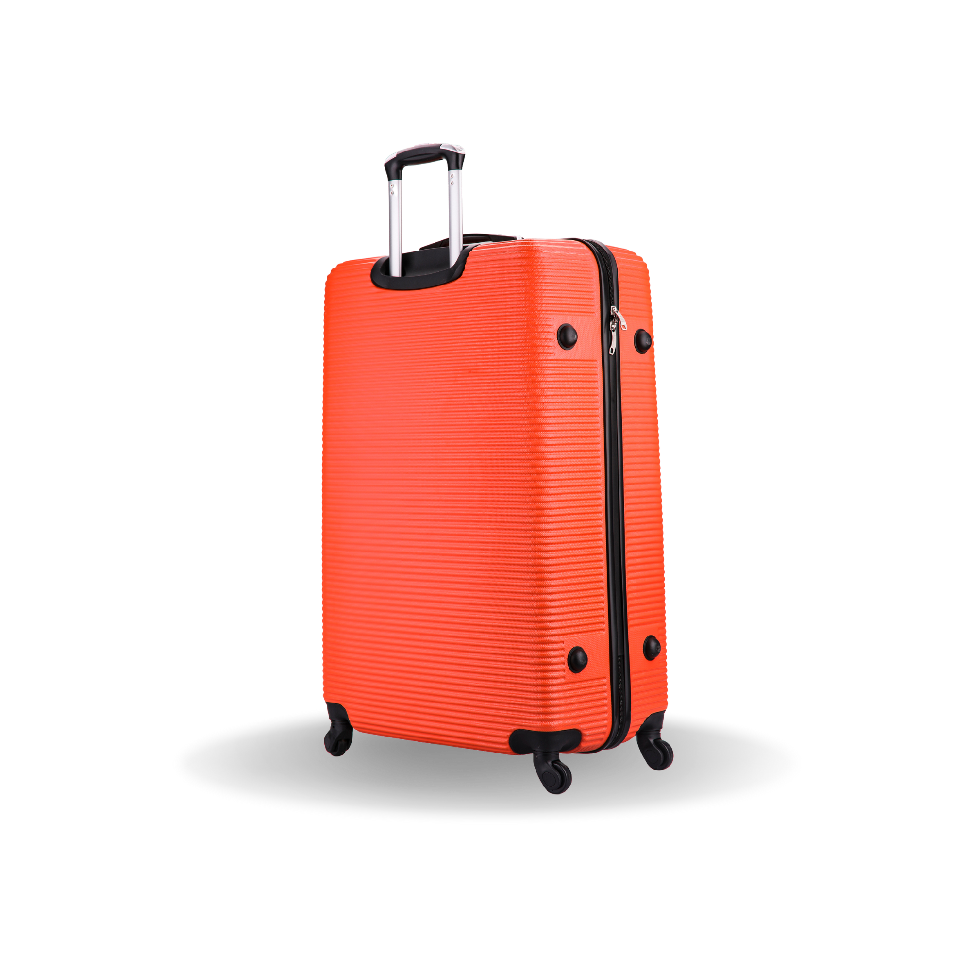 Orange suitcase with black wheels and handle on a white background