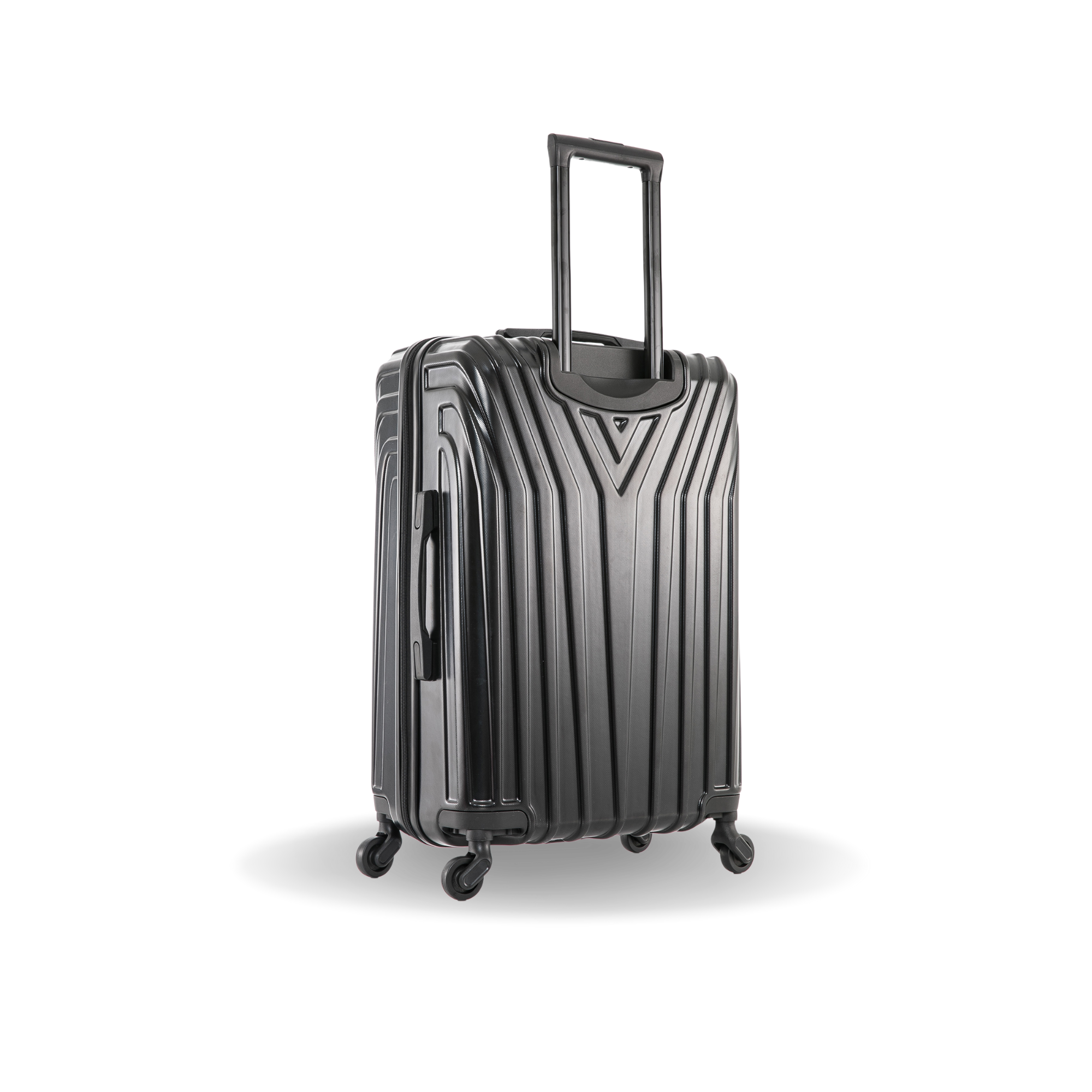 Black suitcase with a striped pattern on a white background