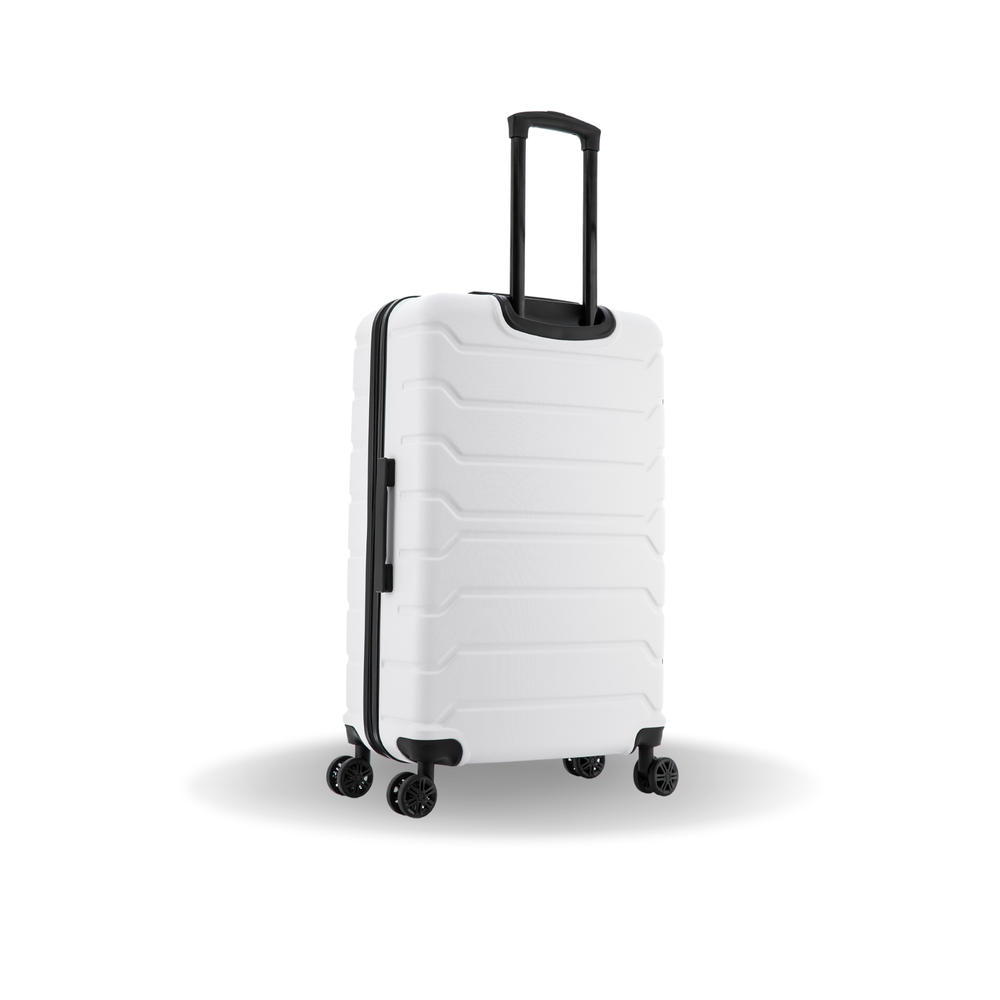 White suitcase with black wheels and handle on a white background