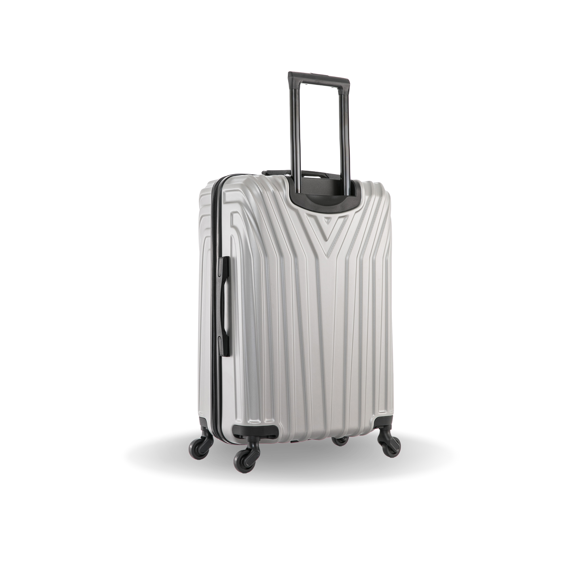 Silver suitcase with black wheels and handle on a white background