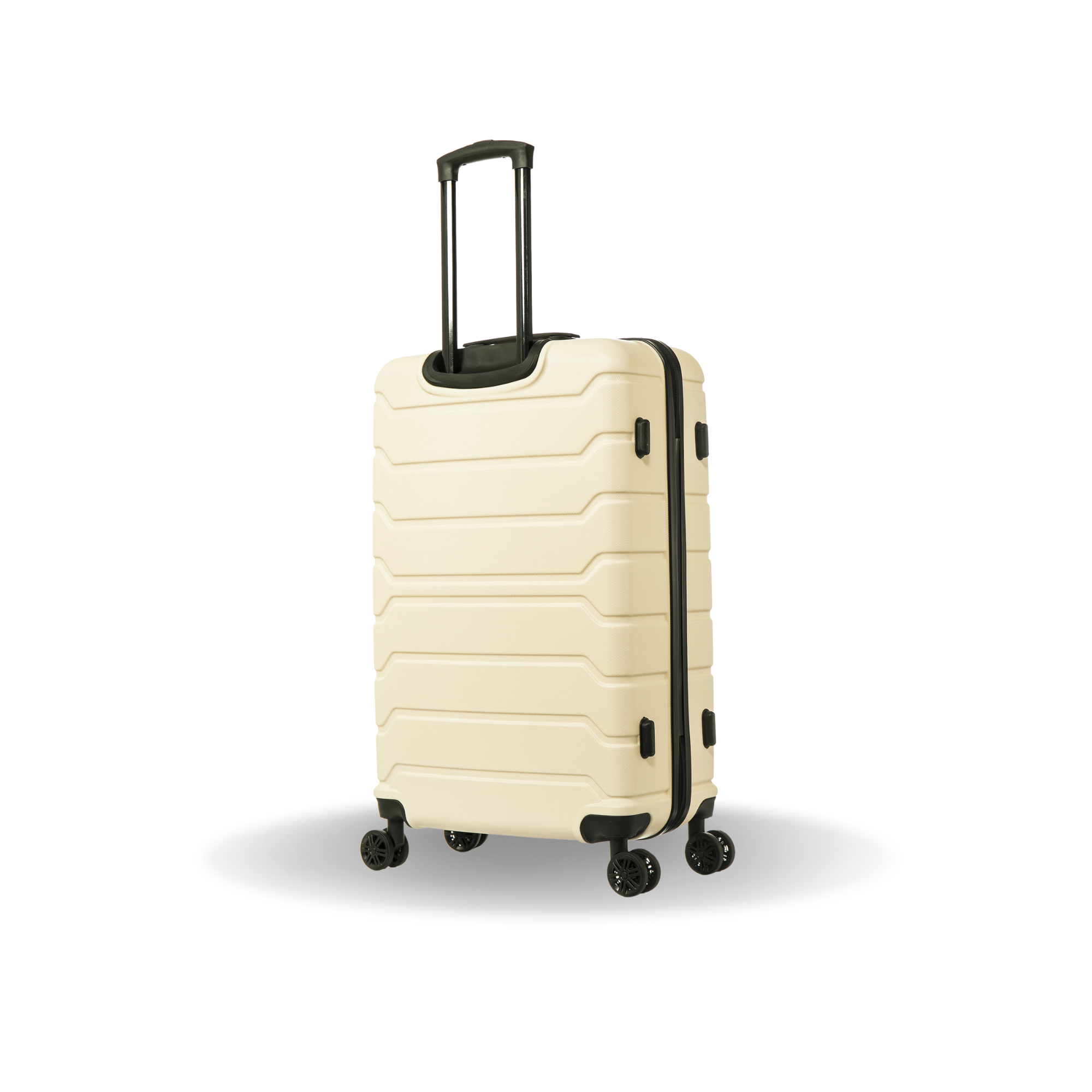 Beige suitcase with black wheels and handle on a white background
