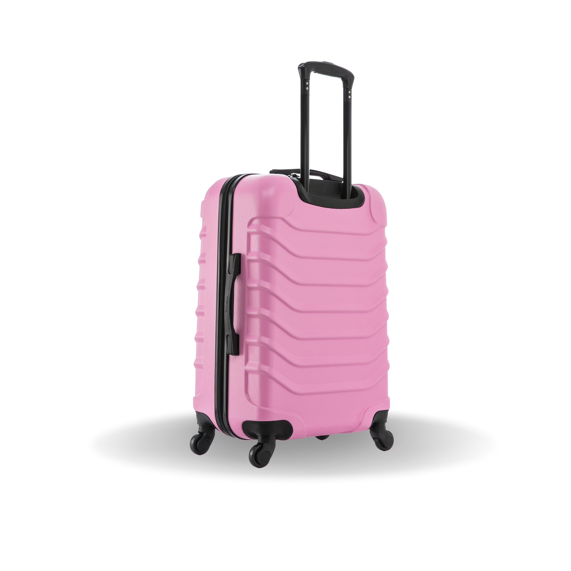 Pink suitcase with black wheels and handle on a white background