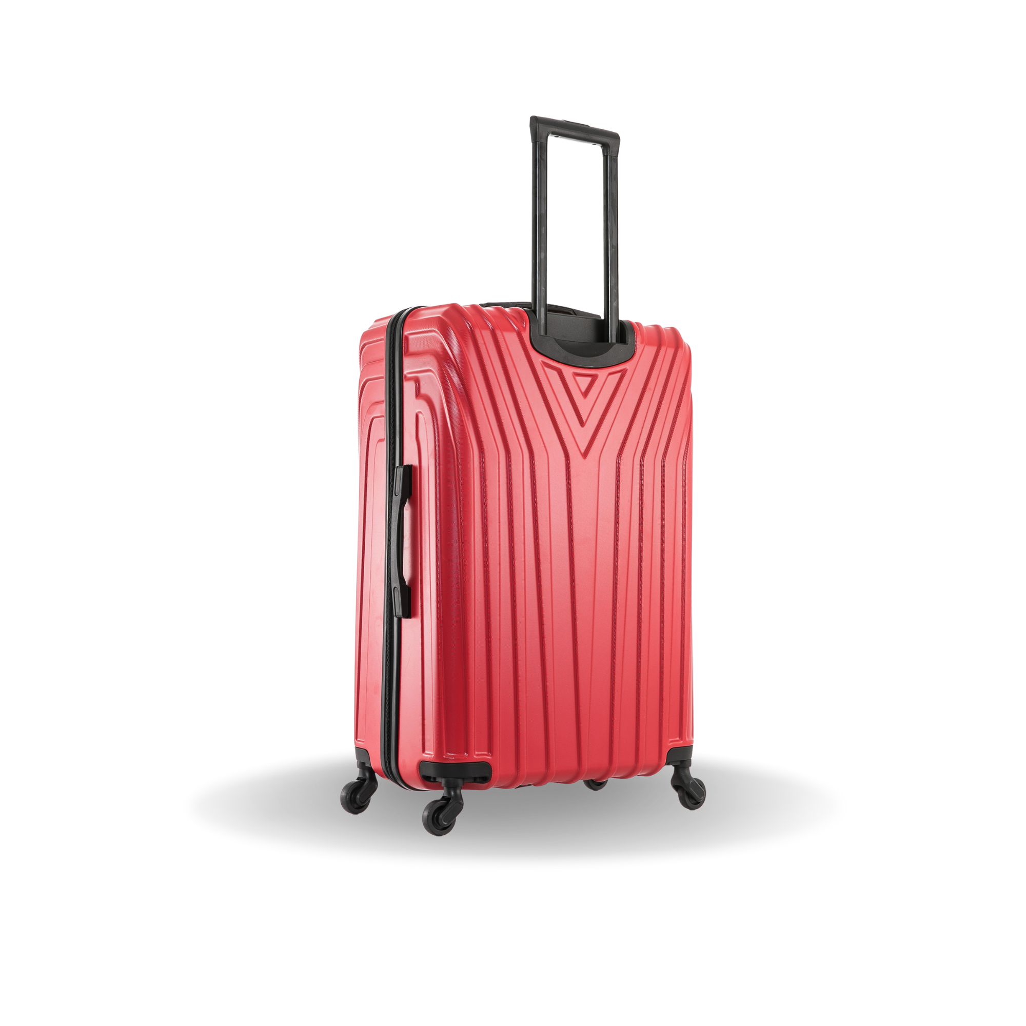 Red suitcase with black handle and wheels on a white background