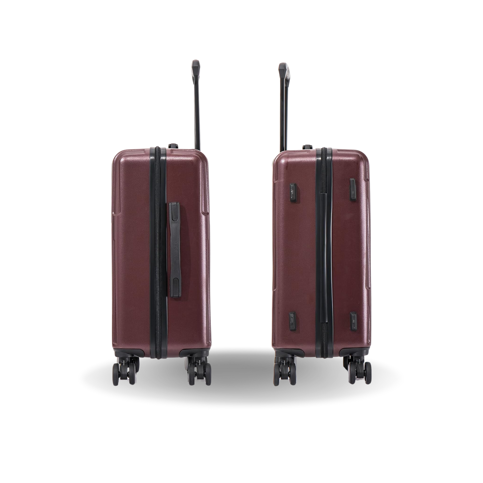 Two maroon suitcases with black handles and wheels on a white background
