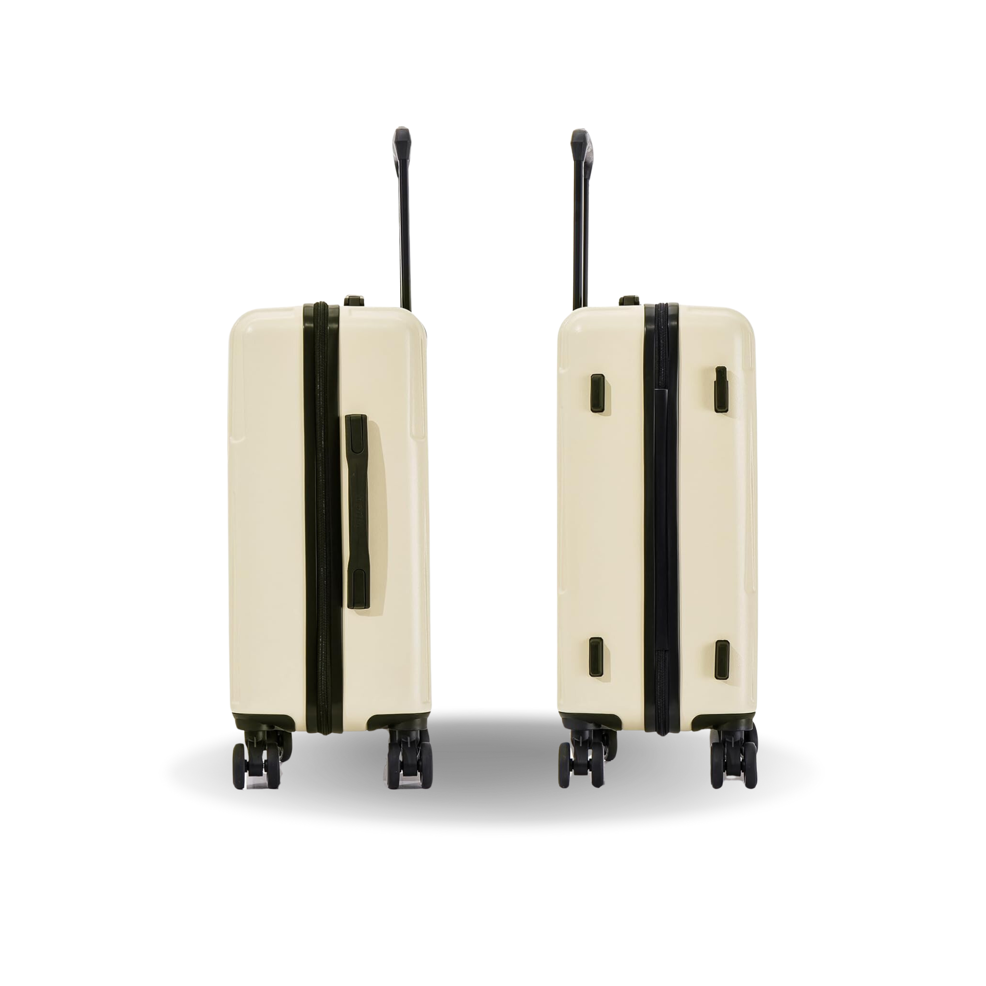 Two beige suitcases with black handles and wheels on a white background