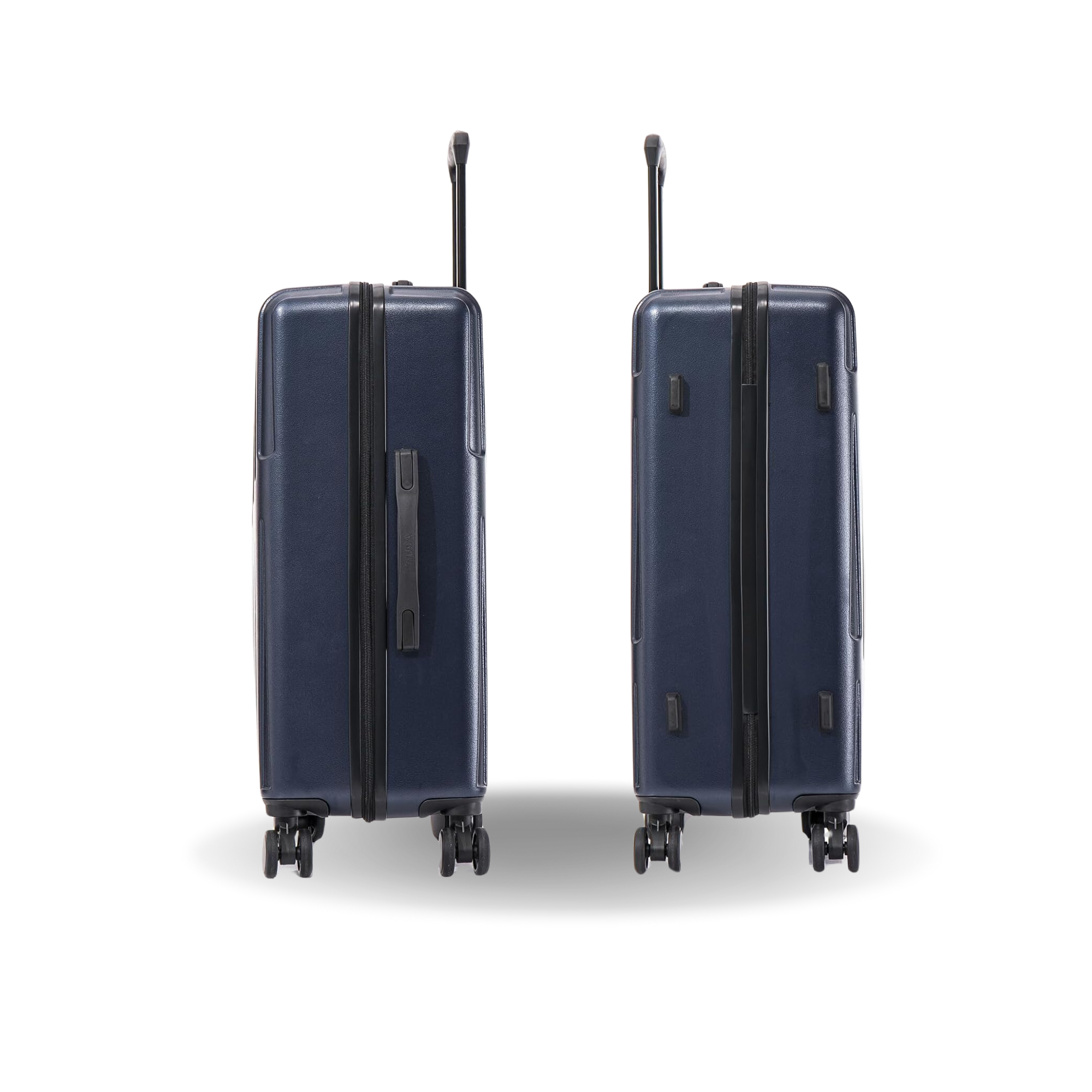 Two navy blue suitcases with wheels on a white background