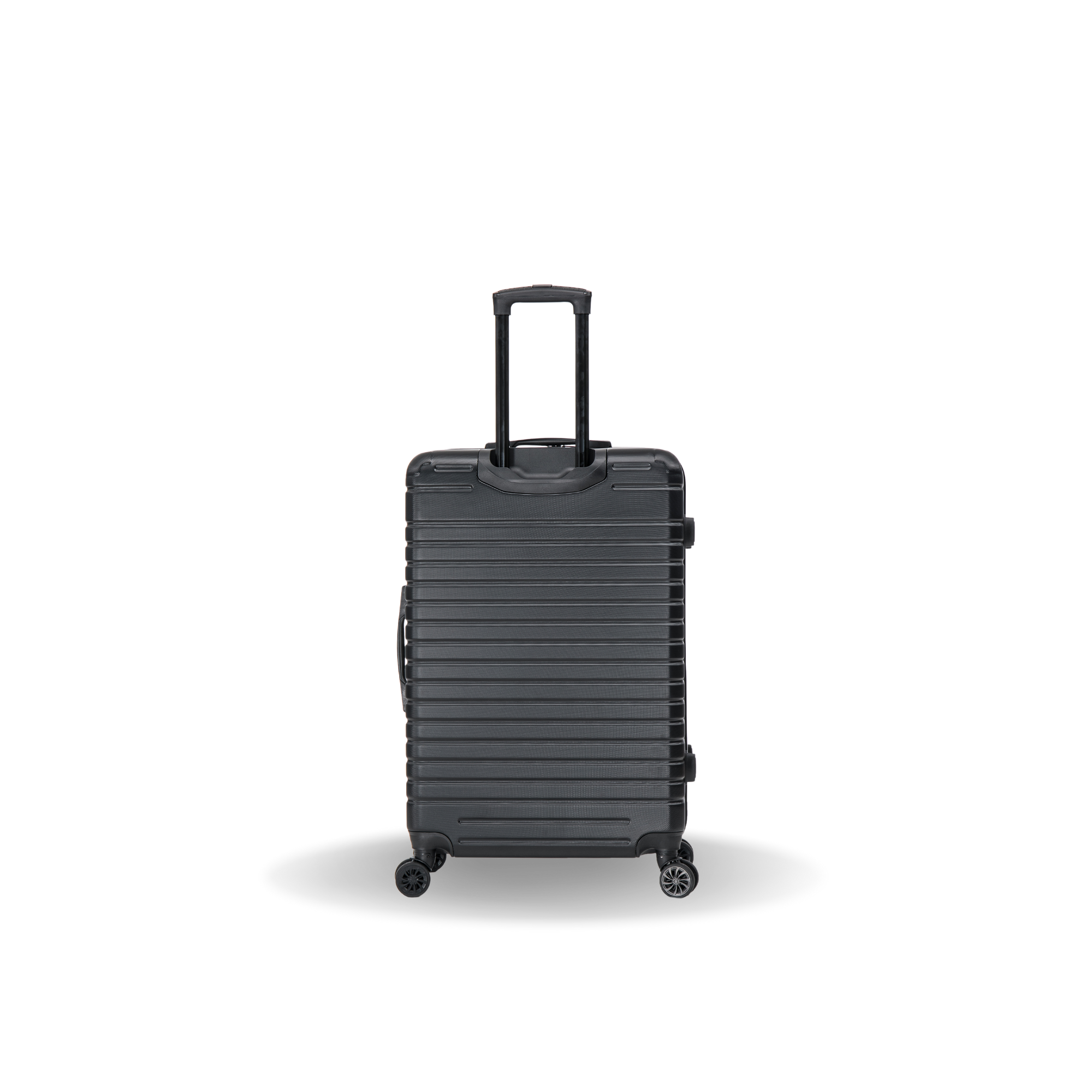 Black suitcase with wheels on a white background