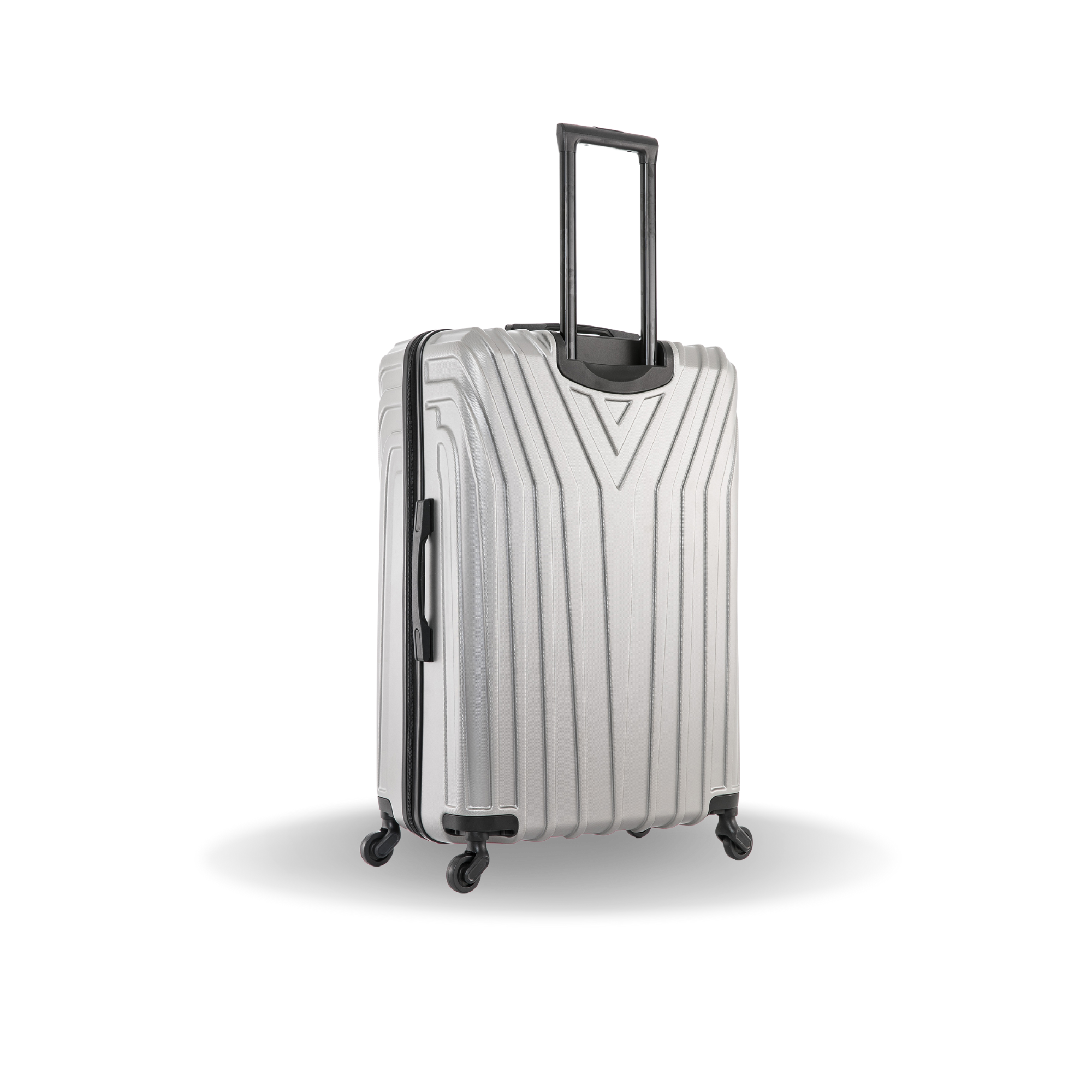 Silver suitcase with black handle and wheels on a white background