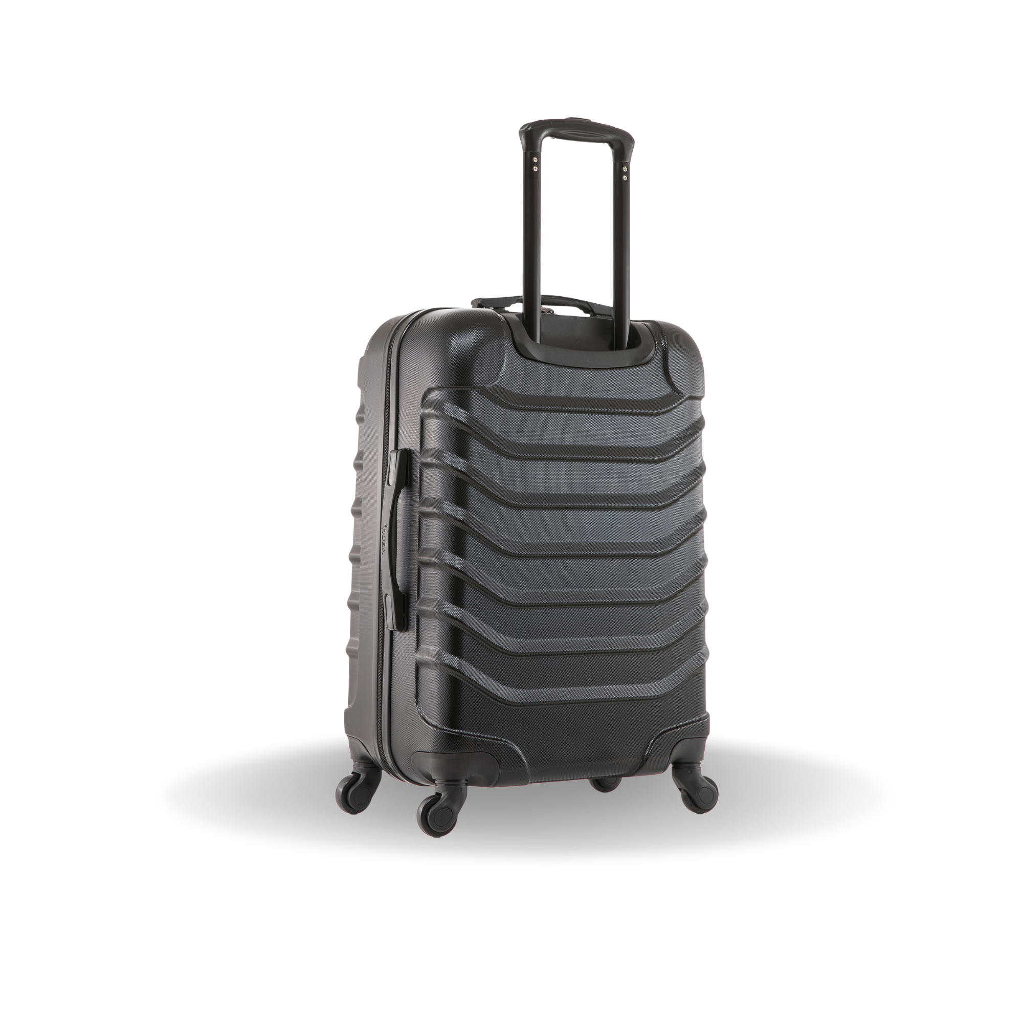 Black suitcase with a textured surface on a white background