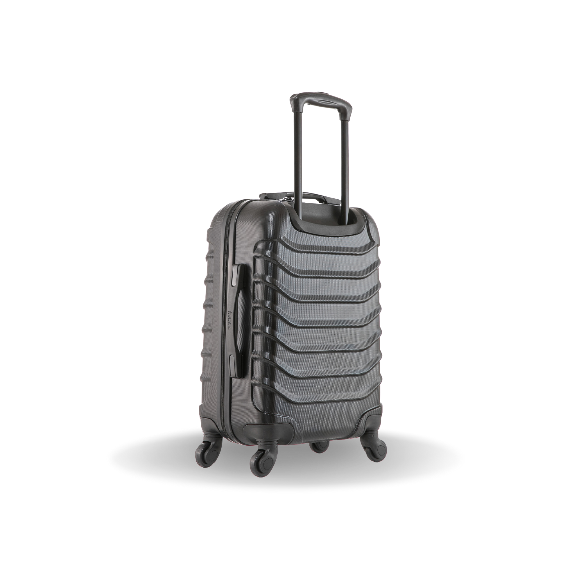 Gray suitcase with wheels on a white background