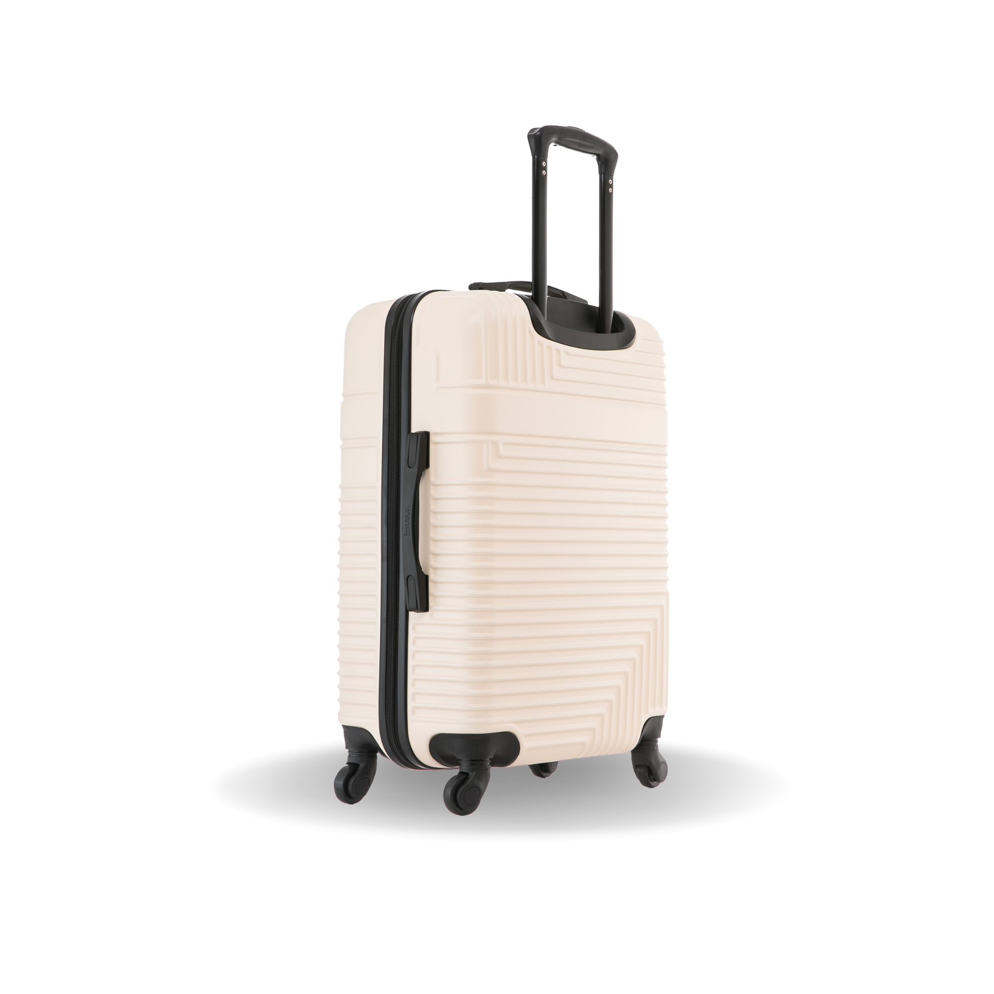 Beige suitcase with black handle and wheels on a white background