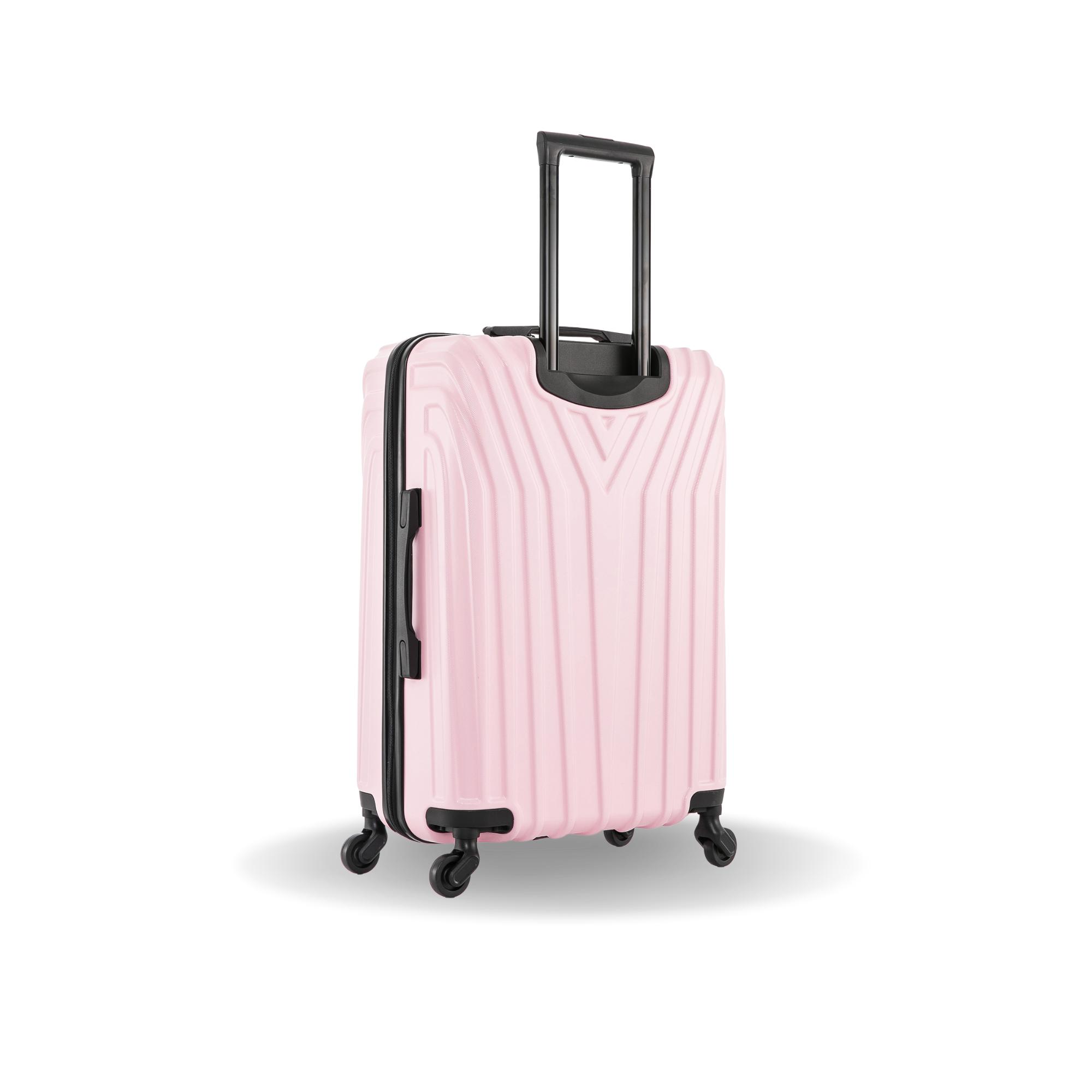 Pink suitcase with black wheels on a white background