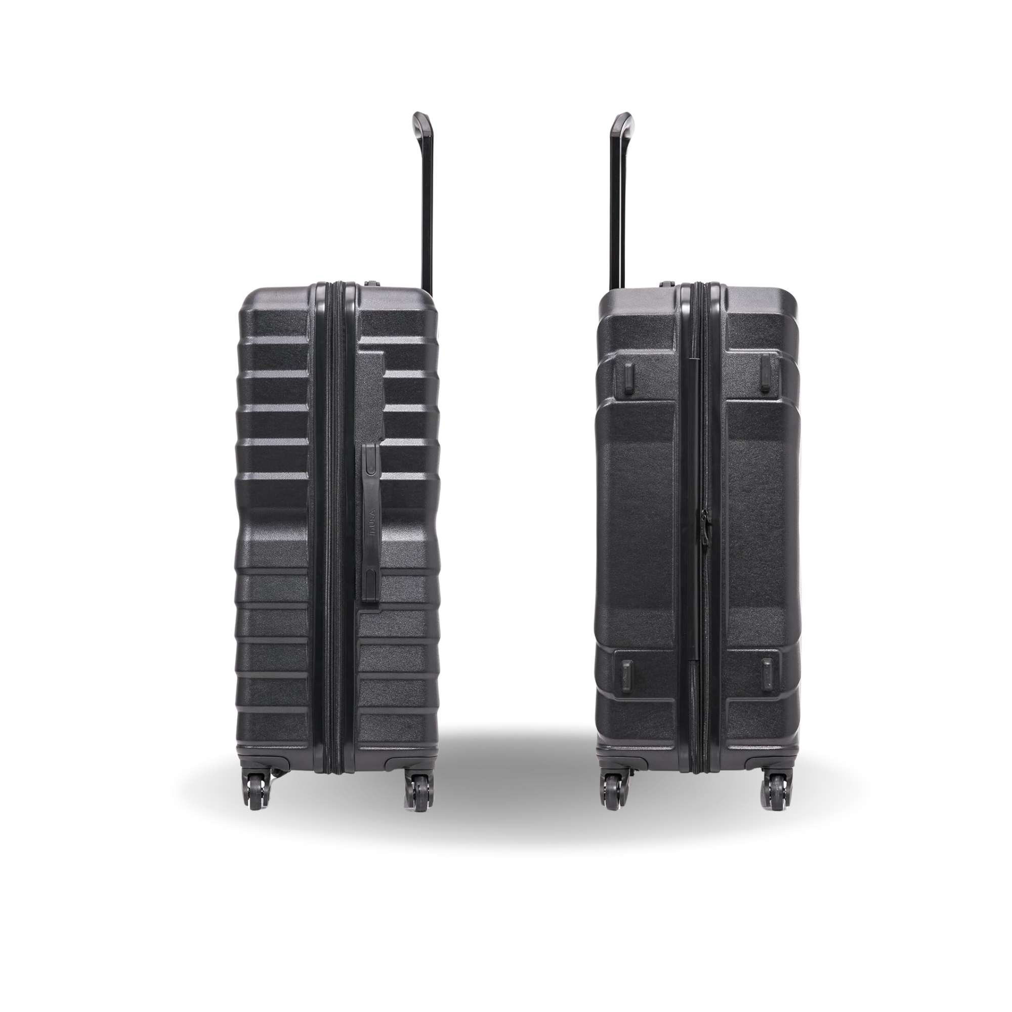 Two black suitcases with wheels on a white background