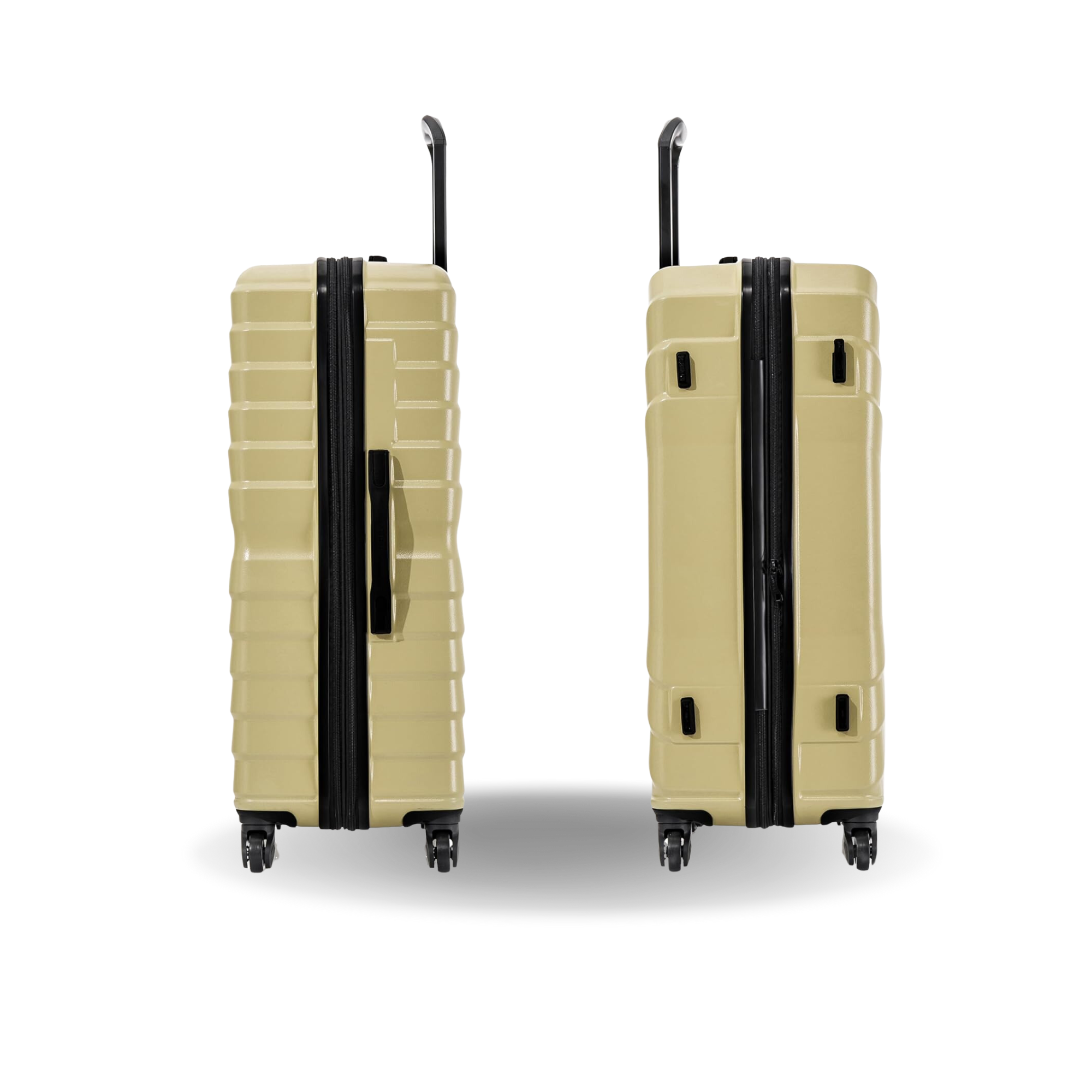 Two beige suitcases with black straps on a white background
