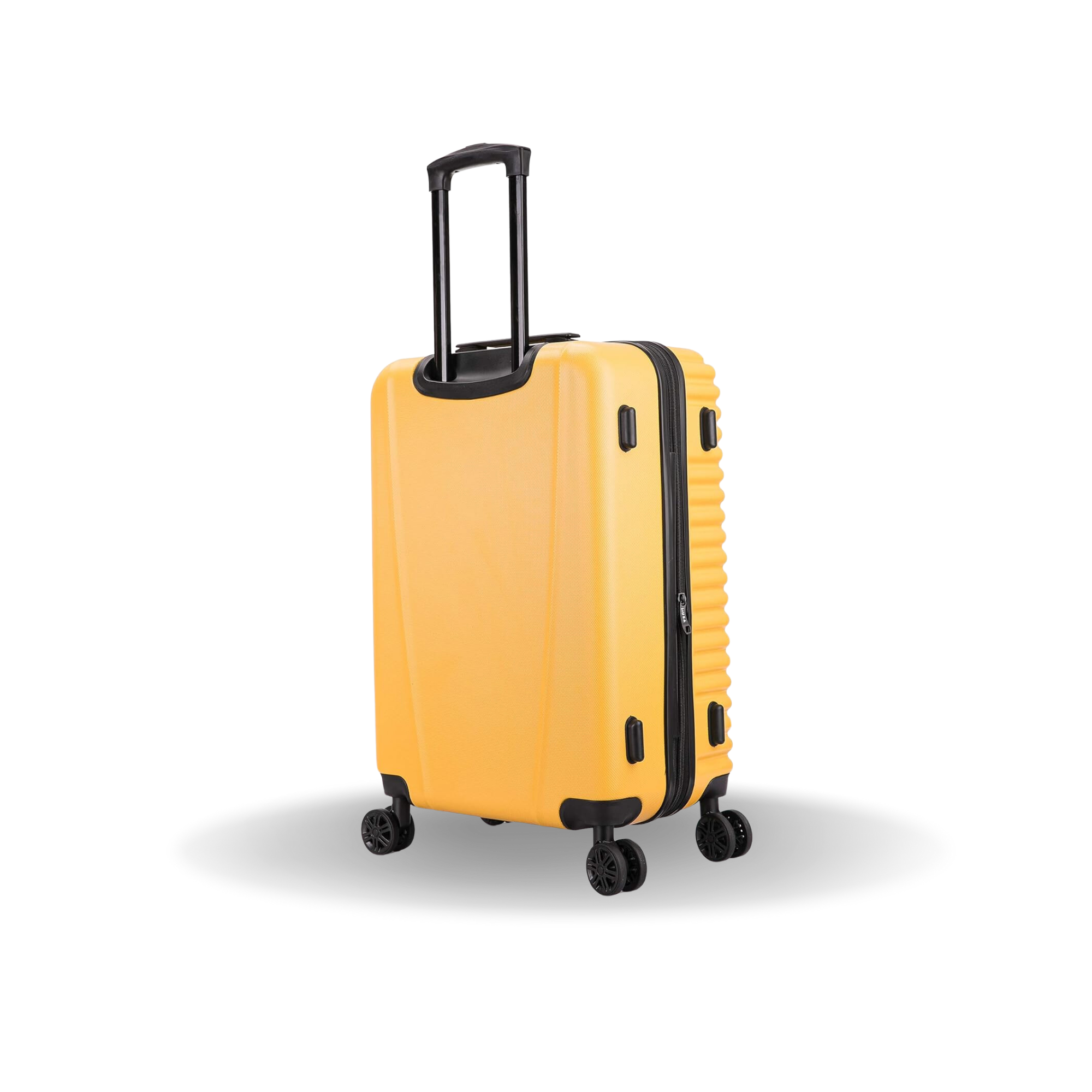 Yellow suitcase with black handle and wheels on a white background