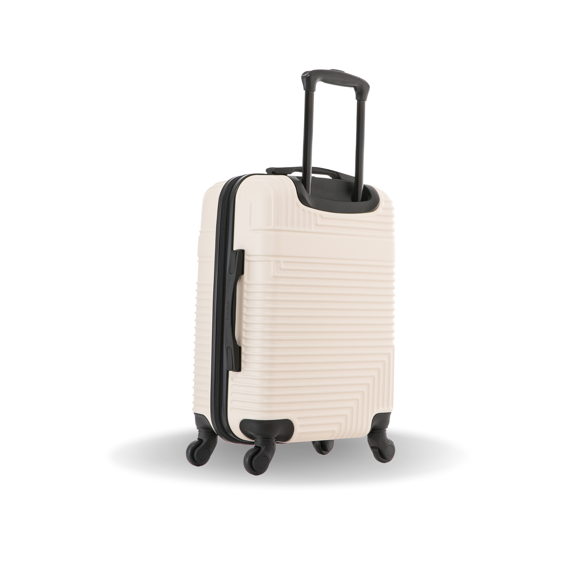 White suitcase with black wheels and handle on a white background