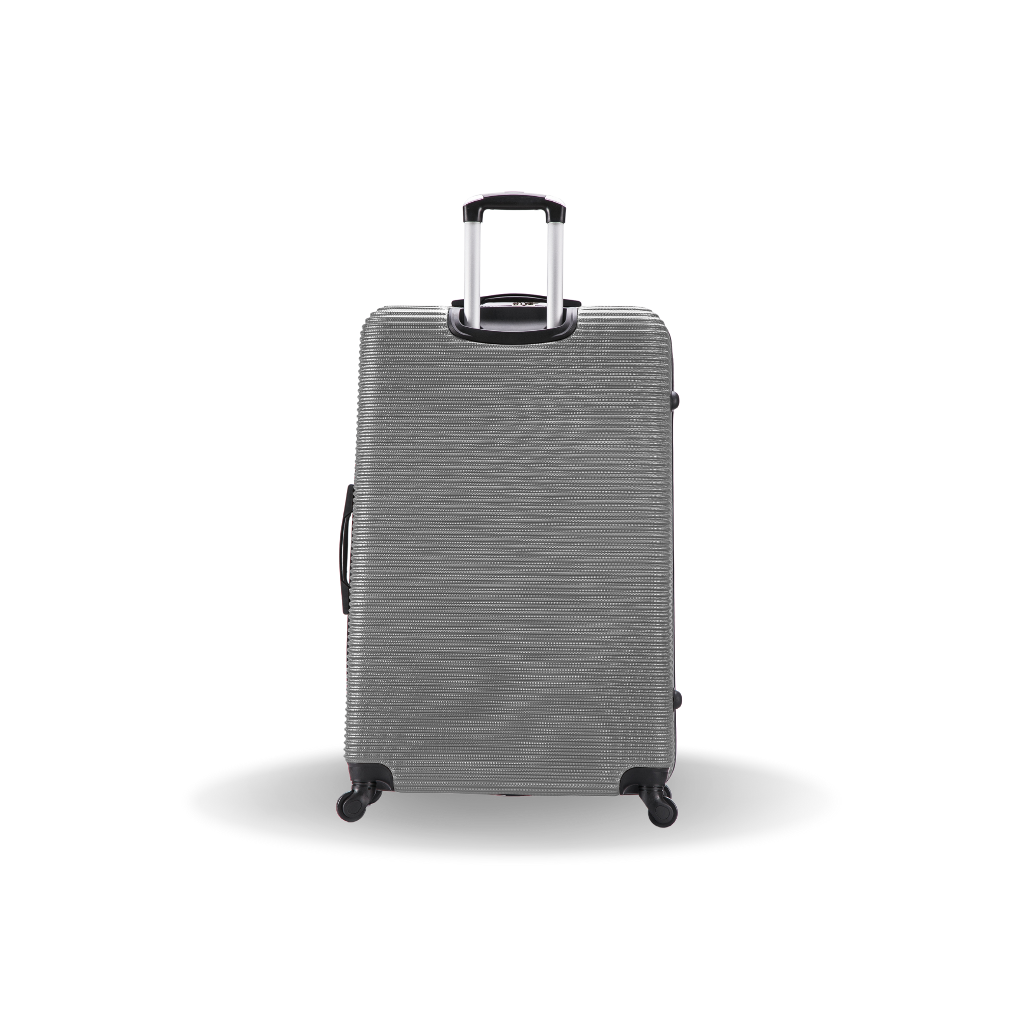 Gray textured suitcase with wheels on a white background