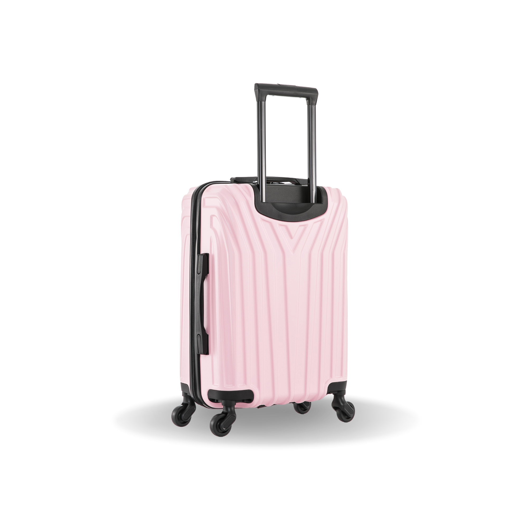 Pink suitcase with black wheels and handle on a white background