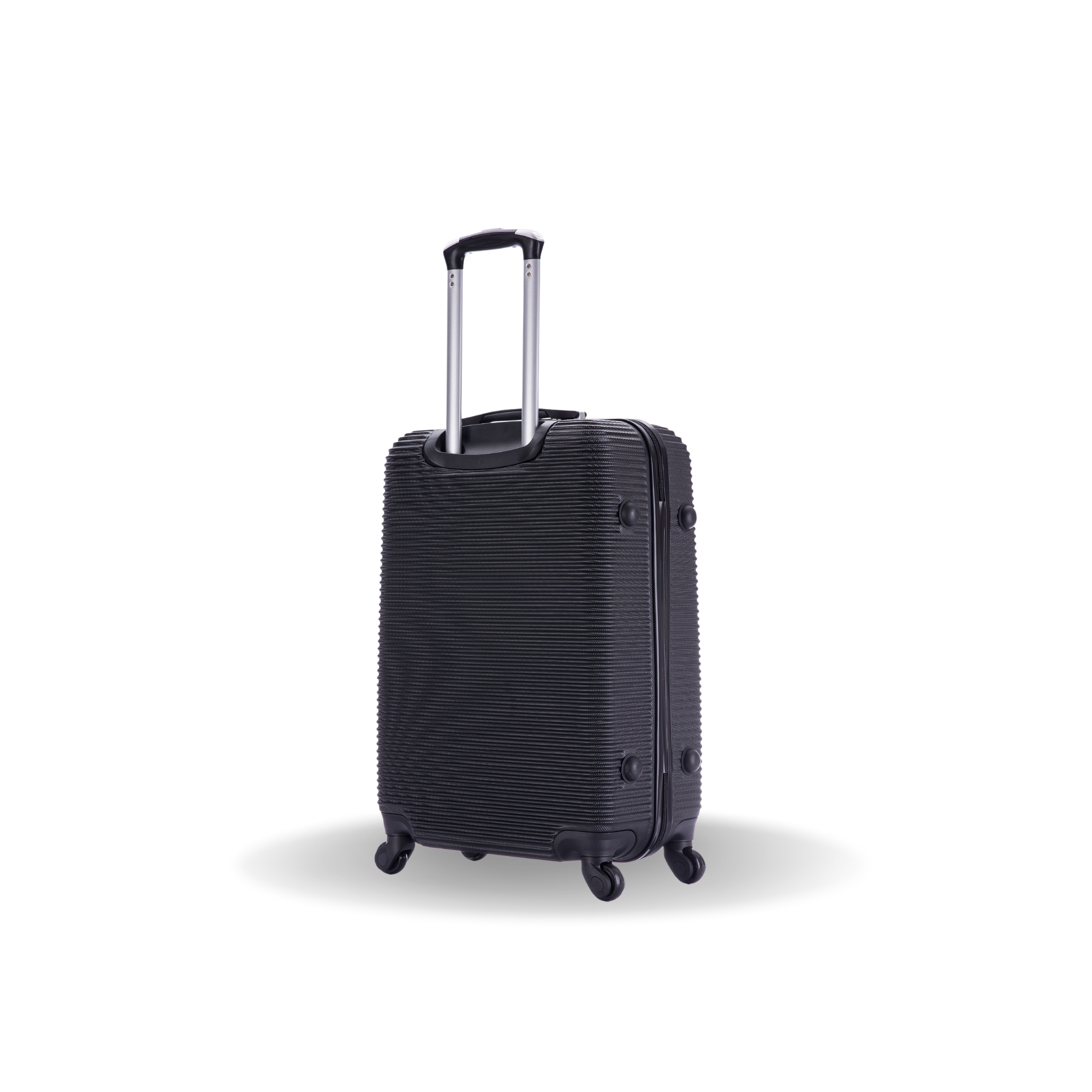 Black suitcase with a textured surface on a white background