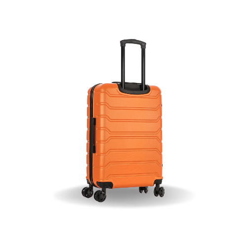 Orange suitcase with black wheels and handle on a white background