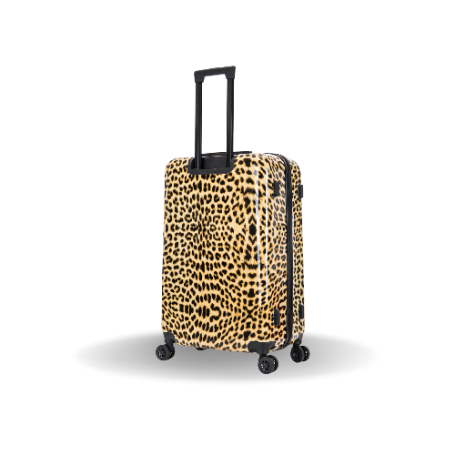 Leopard print suitcase on a white background