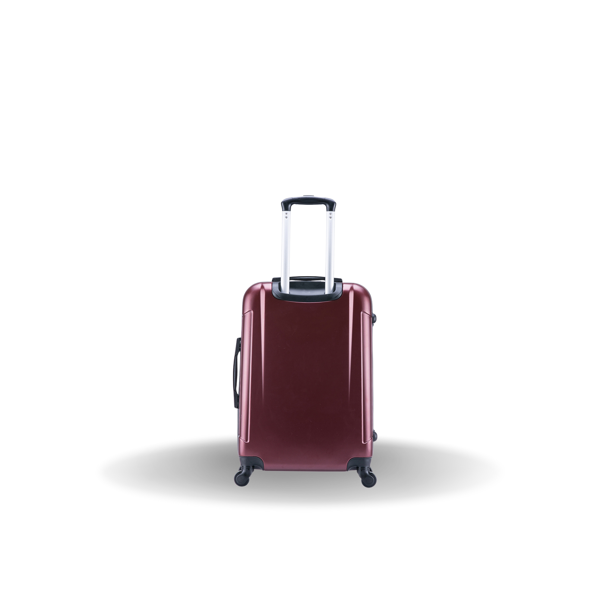 Red suitcase with wheels on a white background