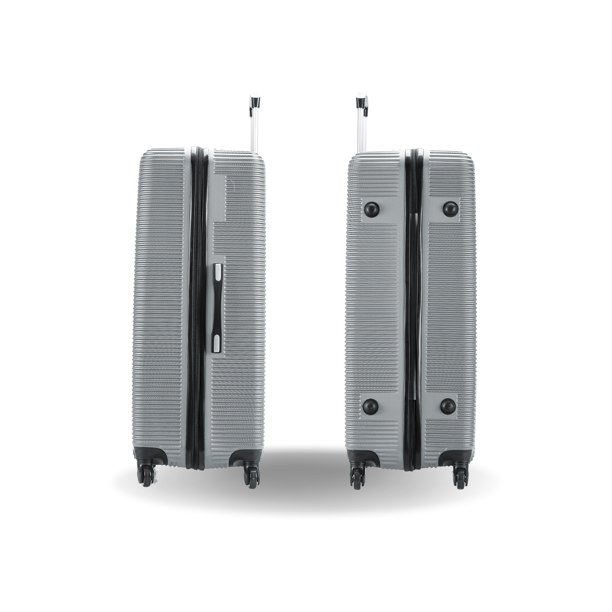 Two silver suitcases with black wheels on a white background